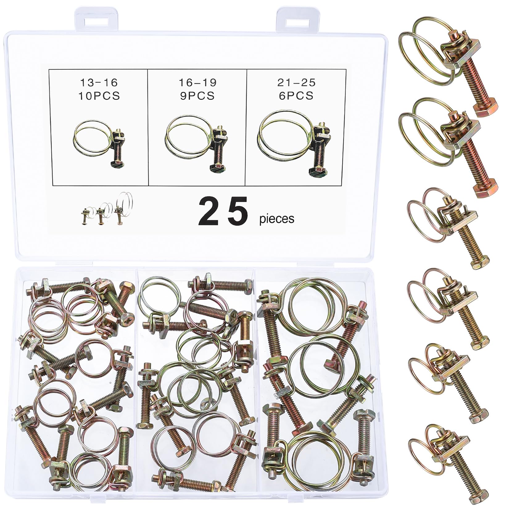 25 Pcs Abrazaderas de Manguera de Alambre Doble, Clips de Manguera de Doble Alambre Ajustable, Clip de Tubo, Abrazadera Metalica para Tubos Tubería de Plomería, 13-16 mm 16-10 mm 21-25 mm