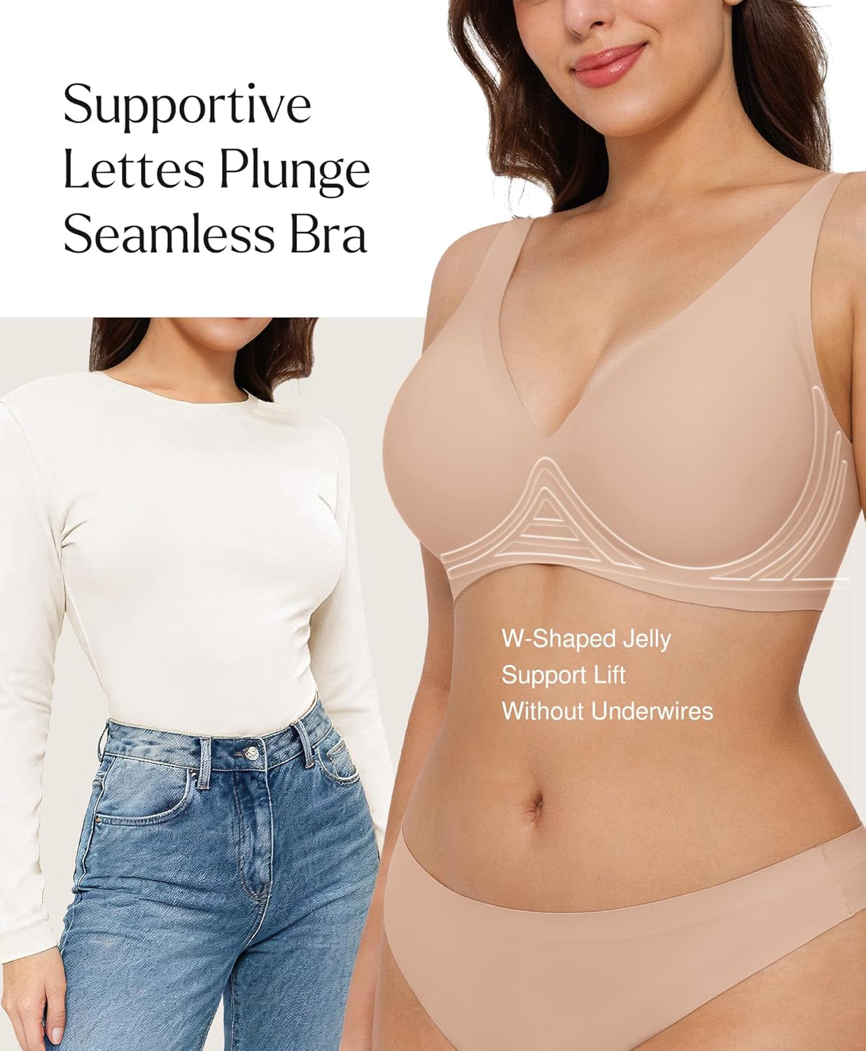 popilush wireless bras women seamless no underwire push up bra supportive deep v bralette everyday comfortable t-shirt bra xx-large beige