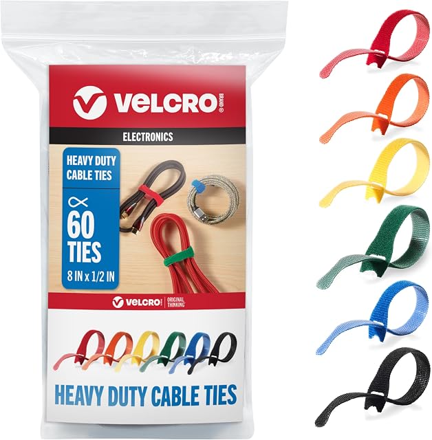 Velcro Brand ONE-WRAP Câblodistribution, fils & Câbles auto-grippants, réutilisables 60 Ct - 8" x 1/2""" Multi-couleur