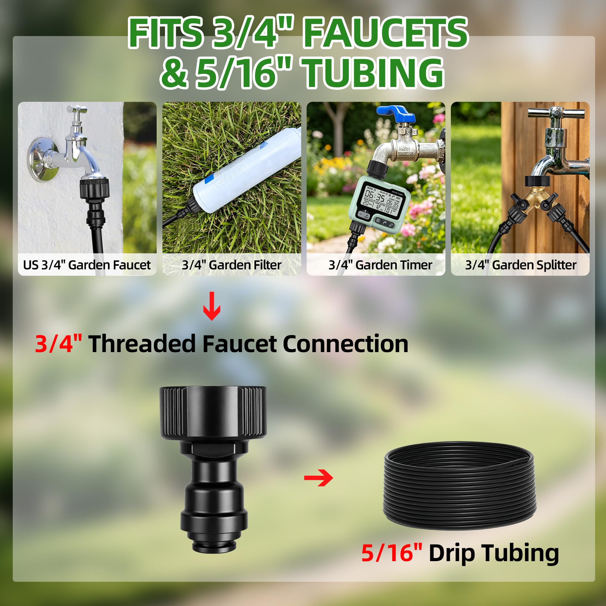 Paquete de 2 adaptadores de grifo de riego por goteo, grifo de 3/4 pulgadas a tubo de 5/16 pulgadas, conector de conexión rápida con tapa de extremo para sistema de riego de jardín