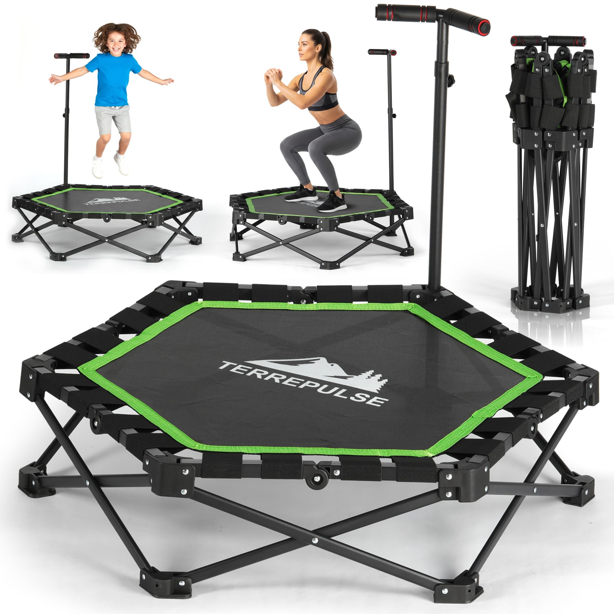 Mini Trampoline for Adults, 42" Indoor Fitness Rebounder with Adjustable Handlebar - Foldable Exercise Trampoline, Stable & Quiet Jumping Mat, Supports 330 LBS