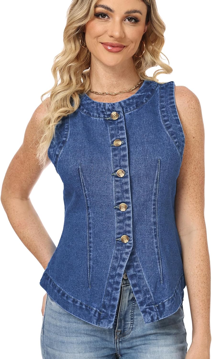 Women's Denim Vest Sleeveless Button Down Casual Jean Crewneck Waistcoat Denim Top(DeepBlue-M) - Image 3