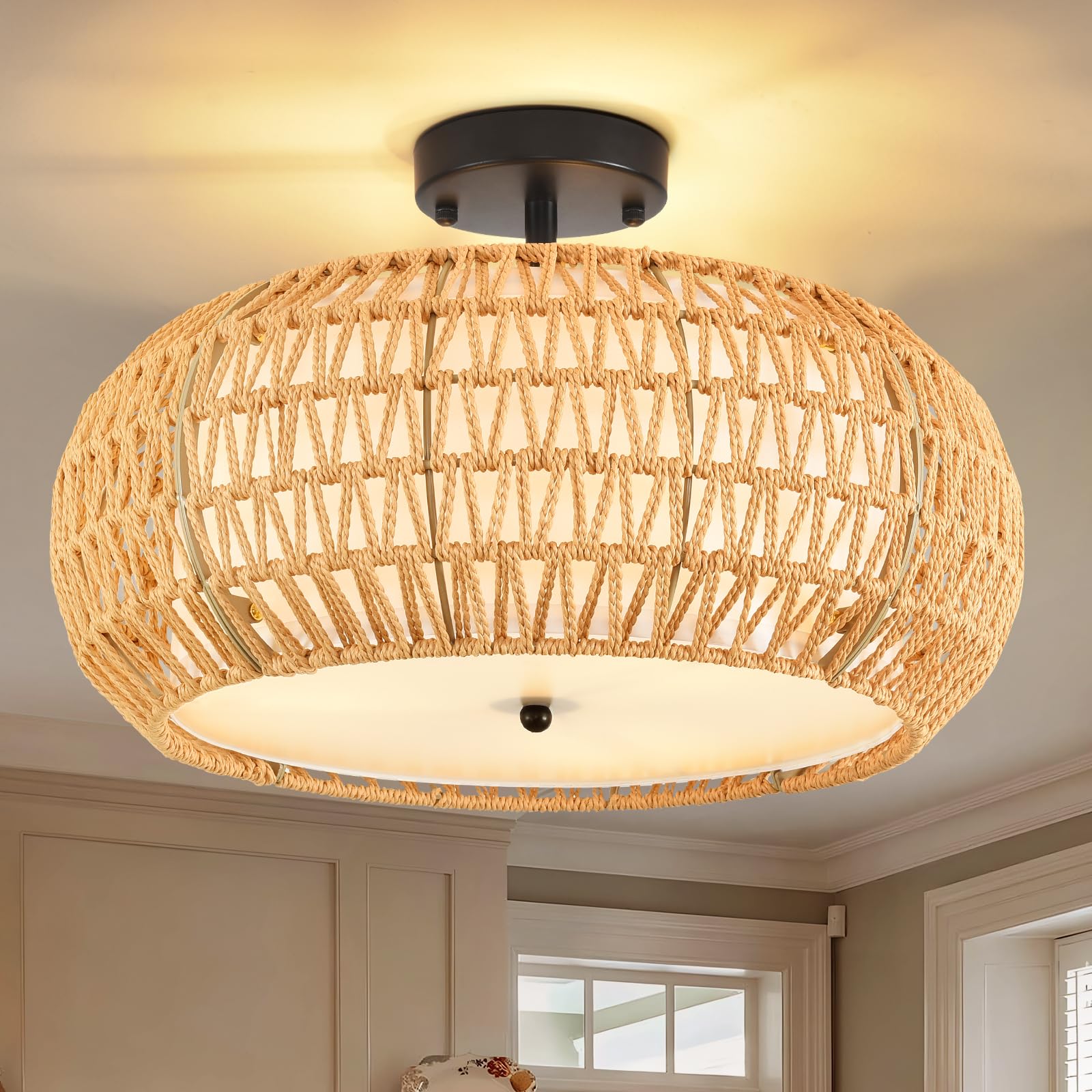 Photo 1 of ZECOXOL Flush Mount Ceiling Light Fixture 15.8",Boho Chandelier Light Fixture Hand Woven Wicker Ceiling Light Fixtures Flush Mount for Hallway Bedroom Kitchen Entryway Living Room Island