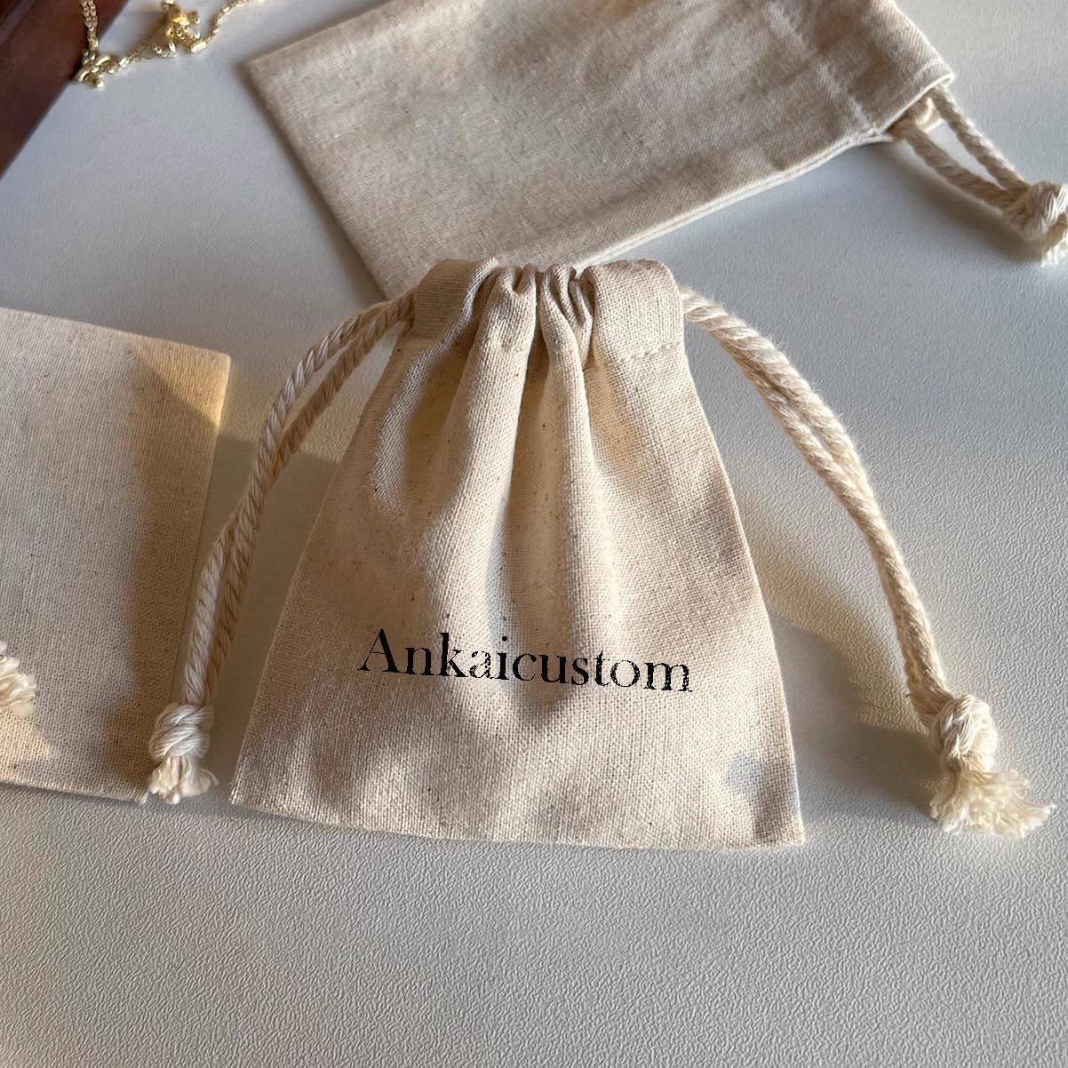 ankaicustom 100pcs Custom logo Nature Linen Cotton Bags Drawstring Fabric Bags Custom Logo Printed Soap candle sachet package supply wholesale, Natural Cotton Jewelry Pouch