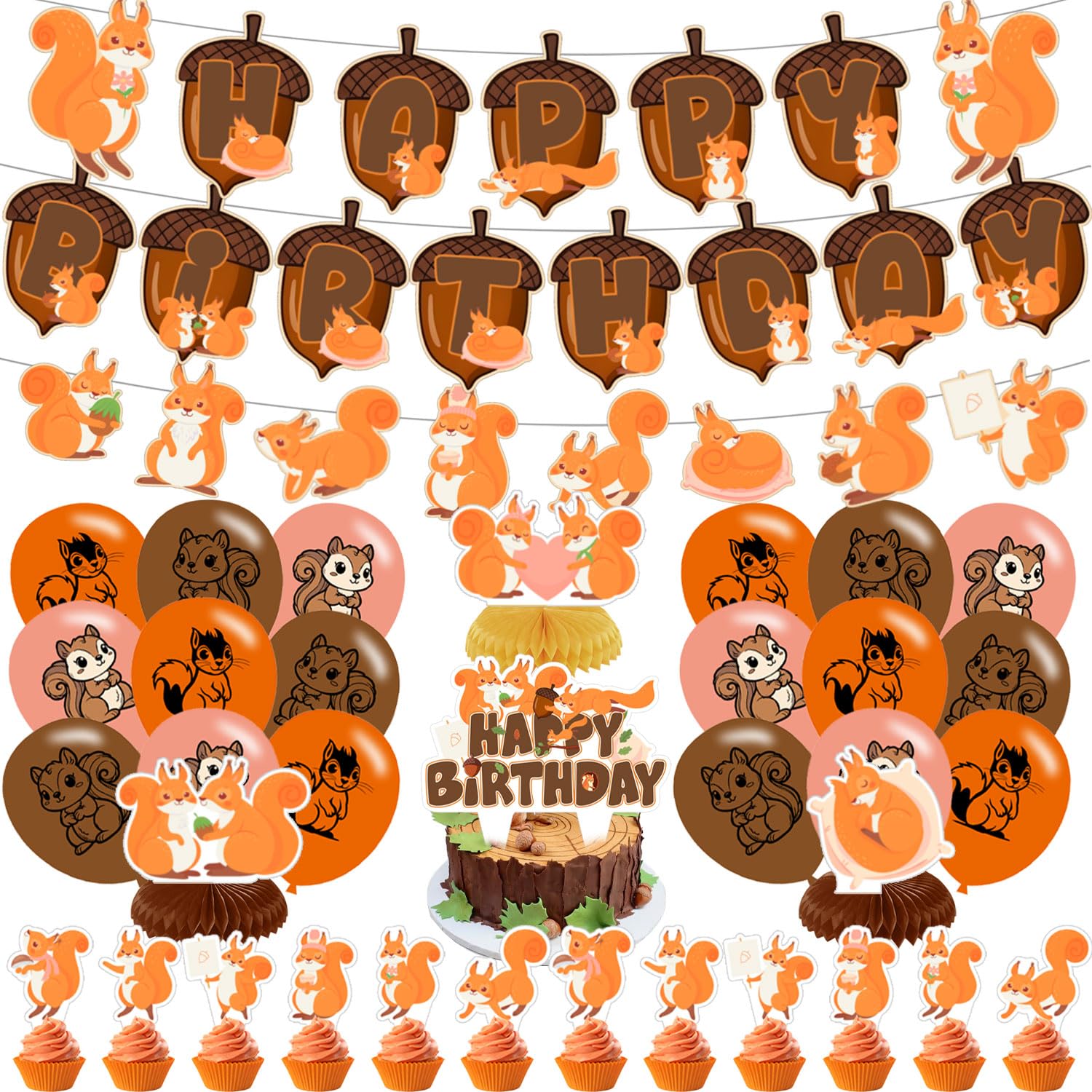 Squirrel Birthday Party Decorations Woodland Animals Squirrel Party Supplies Includes Happy Birthday Banner Cake Topper Cupcake Toppers Balloons