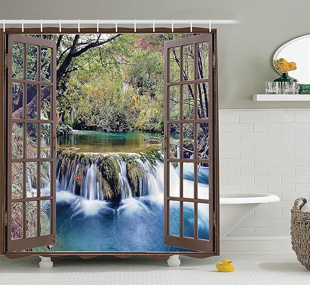 YUAOEUR 3D Waterfall Shower Curtain Garden View Through Window Spring Waterfall Landscape Scenery Green Bathroom Decoration Curtains with Hook 71X 71 inches Green Water Falling