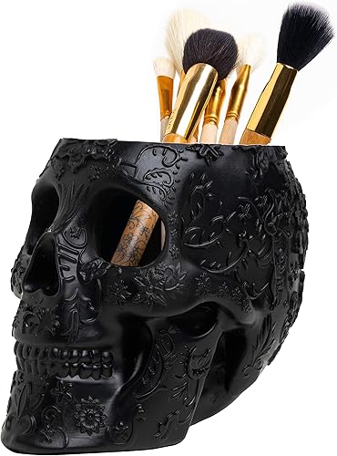 Miniatura 1 de Gute - Soporte para brochas de maquillaje y bolígrafos de calavera extra grande, organizador de almacenamiento extra grande, de resina fuerte,