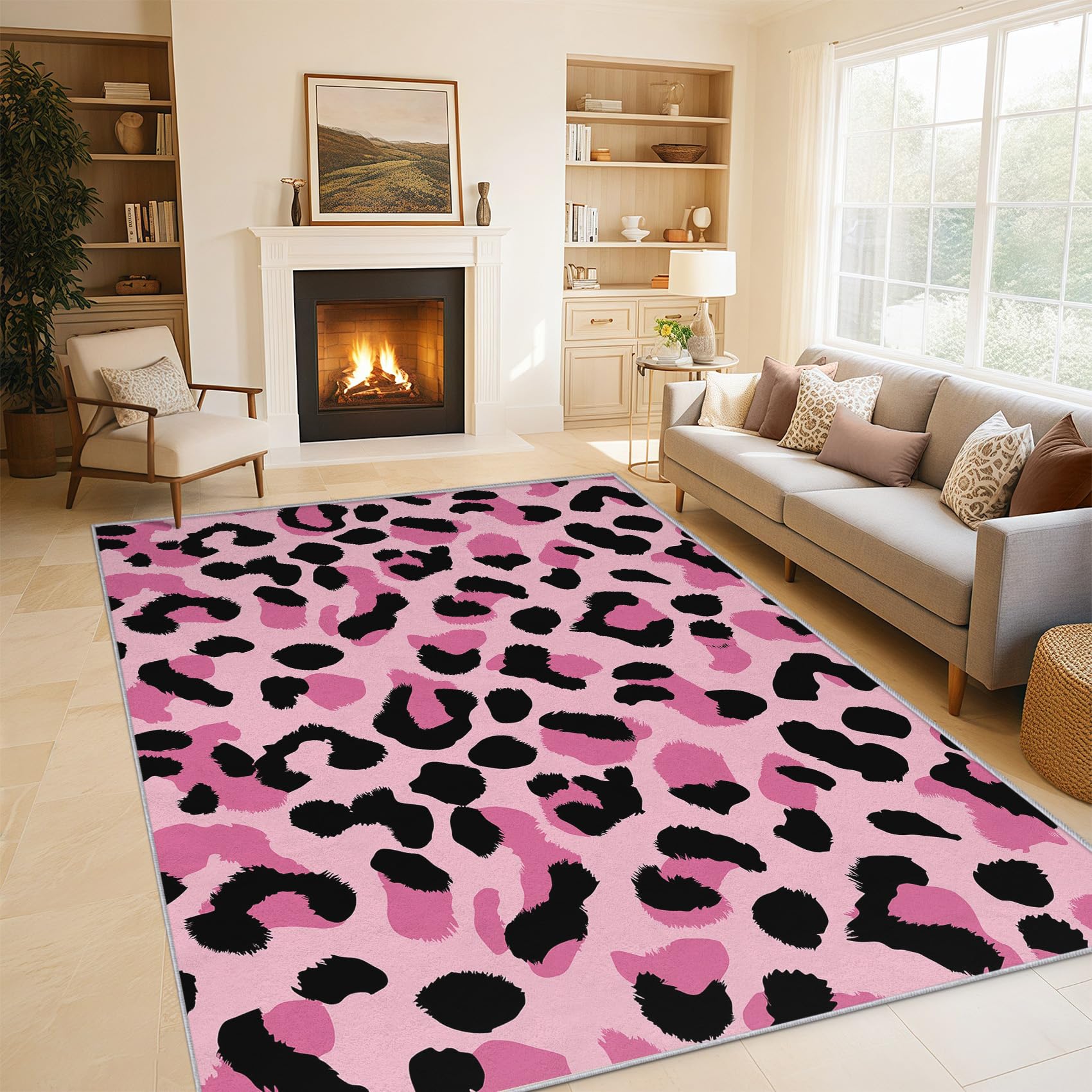 Tapis léopard rose 120x170 lavable et antidérapant salon