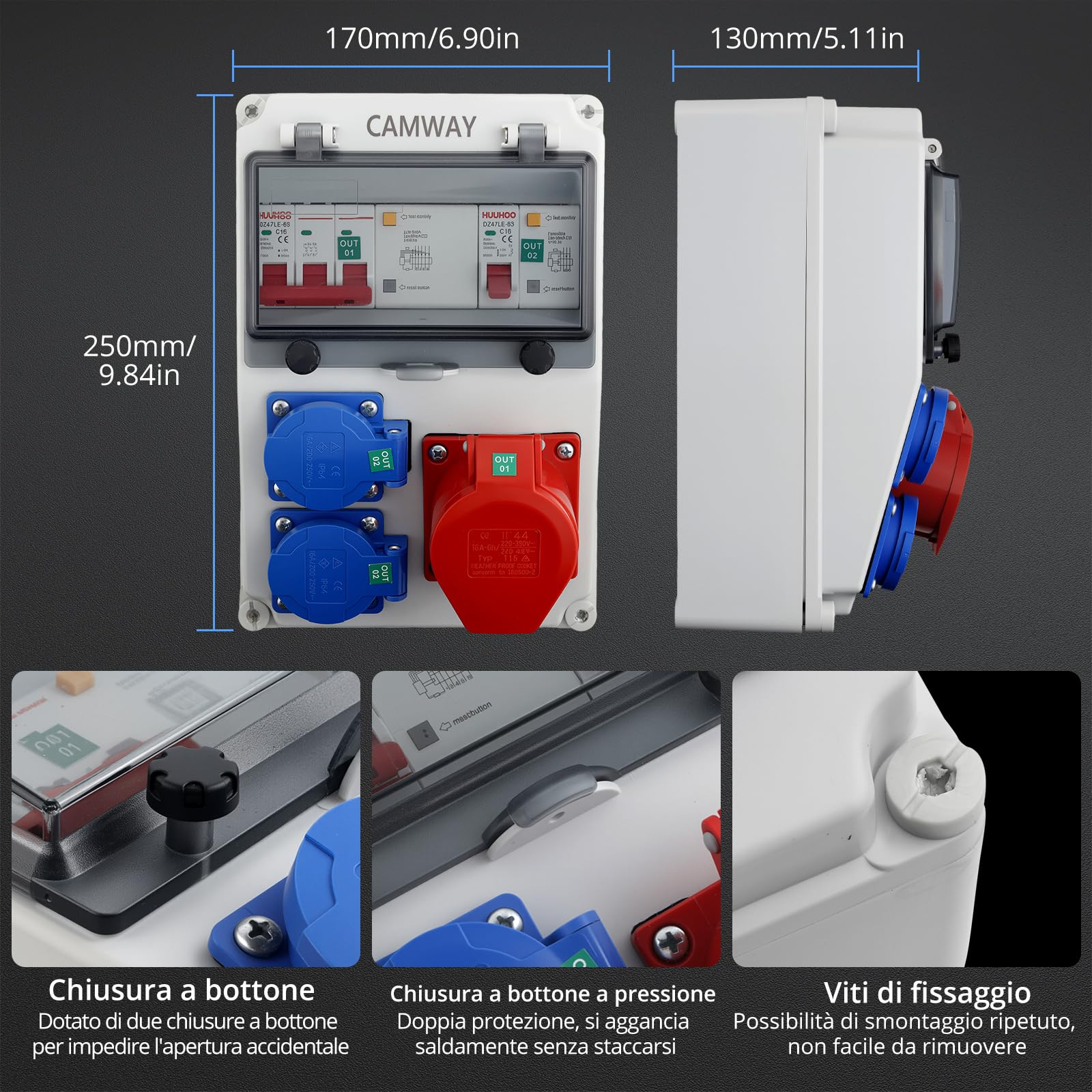 CAMMAY Quadro Elettrico Distributore IP66,230V,Sistema Completo LS/FI,con Multiple Prese Schuko e CEE,Cablaggio a Crimpare Professionale,Quadro Elettrico Esterno da Parete,per Giardini,170*130*250mm