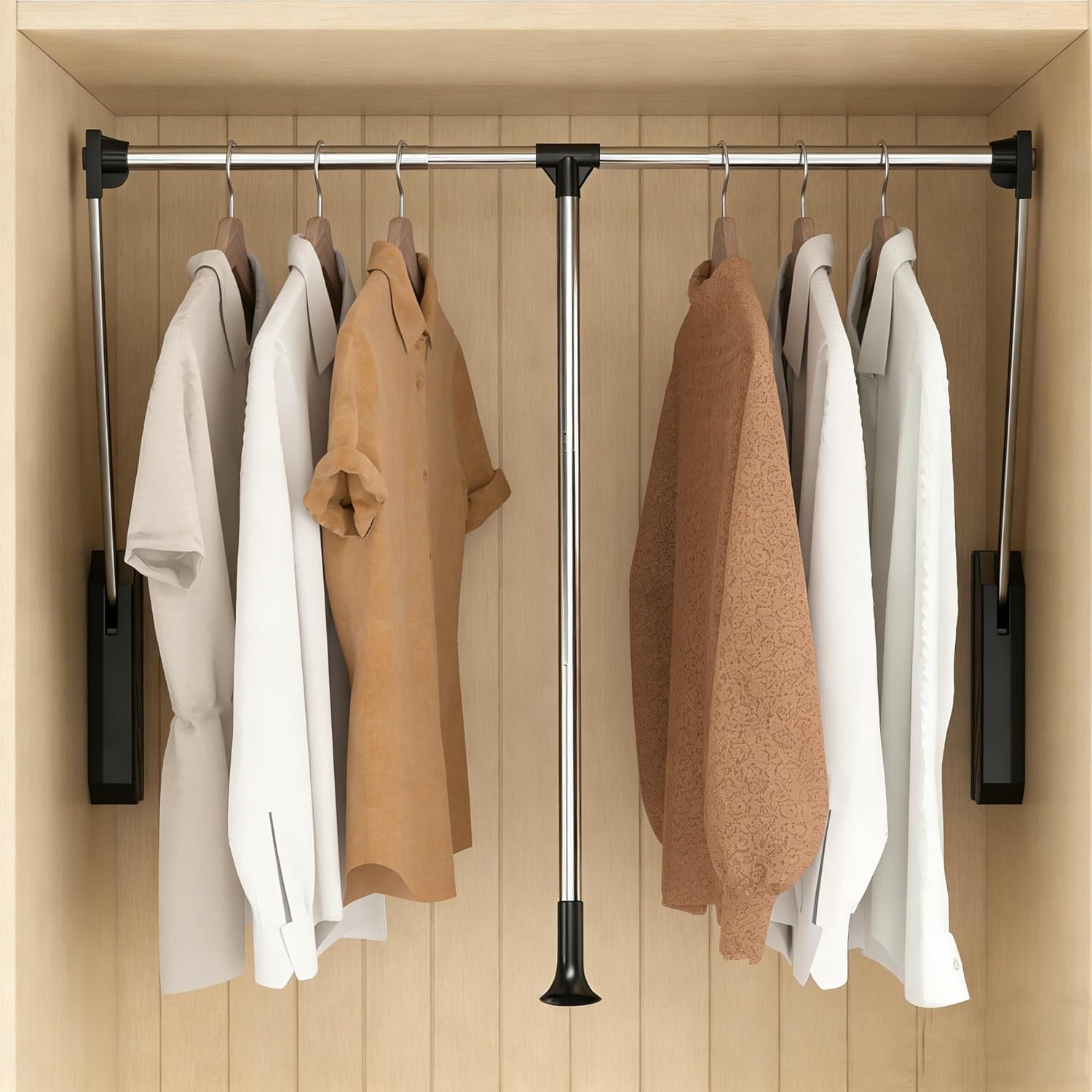 tonchean Pull Down Closet Rod 26-35 Inch Adjustable Side & Back Mounted Closet Rod for Cabinets Soft-Close Wardrobe Lift Rail Organizer for Hanging Clothes, 60lbs Load Capacity