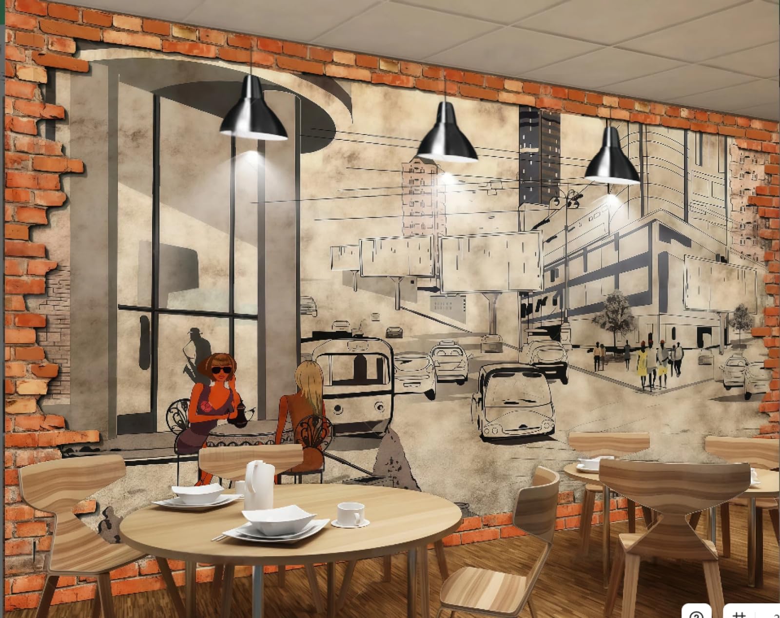 rskjdghshd Wallpaper Retro Brick Wall Hand-Painted Drink Cafe Image Oil Painting Western Restaurant Background Wall Mural Afternoon Tea Coffee Shop Wallpaper,3D,300x210cm