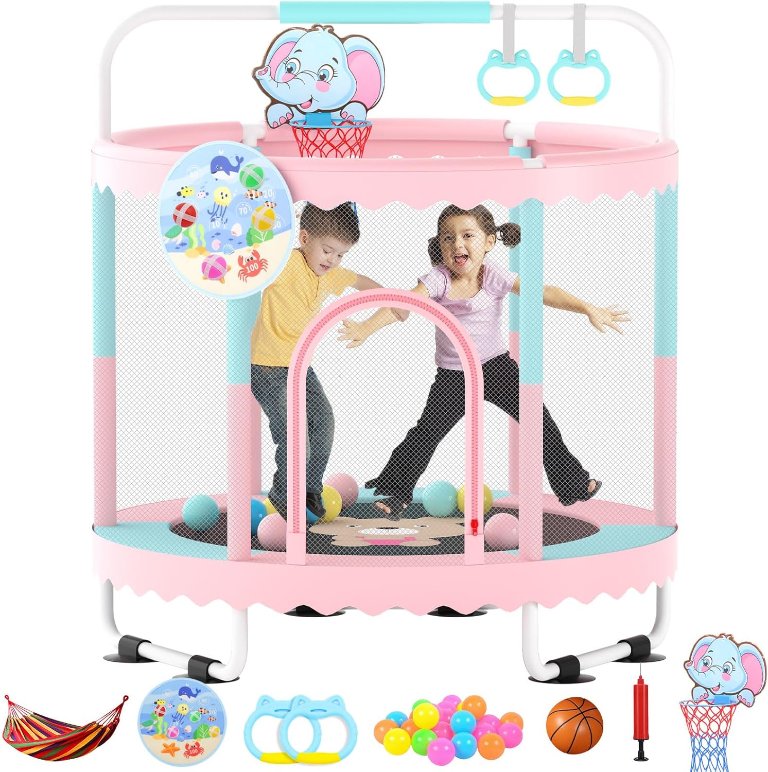 POTENTIALLY MISSING PIECES Trampoline for Kids 60''/48'' Toddler Trampoline, Outdoor Indoor Recreational Trampolines with Enclosure Net, Swing, Adjustable Gymnastics Bars, Basketball Hoop, Dartboard, Gifts for Boys & Girls