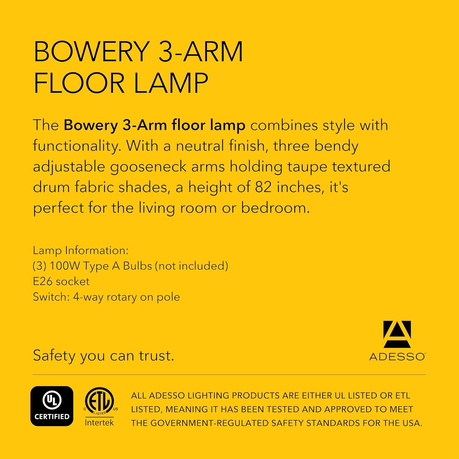 Adesso 3-Arm Arc Floor Lamp with Black Marble Base and Textured Taupe Lampshade – 4-Way Adjustable Brightness, Bedroom, Home Office Lighting, or Living Room Decor, 82” x 52”