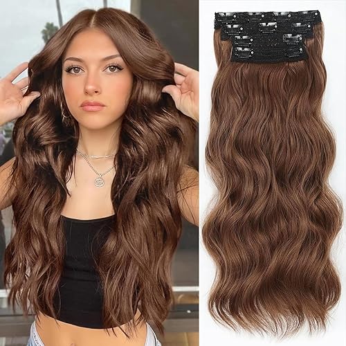 ALXNAN Extensiones de cabello, 4 extensiones de cabello con clip, 20 pulgadas, castaño medio, largo, ondulado, natural, suave, sintético, para mujer