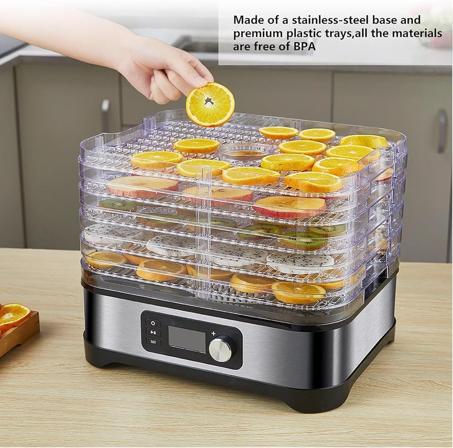 5 Trays Food Dryer Dehydrator, 24-Hours Timing Adjustable/35-70°C Temperature Control/360° Hot Air Circulation, for Fruit, Vegetable, Snacks, Dried Flowers