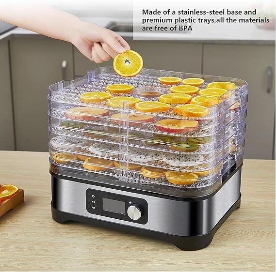 5 Trays Food Dryer Dehydrator, 24-Hours Timing Adjustable/35-70C Temperature Control/360 Hot Air Circulation, for Fruit, Vegetable, Snacks, Dried Flowers