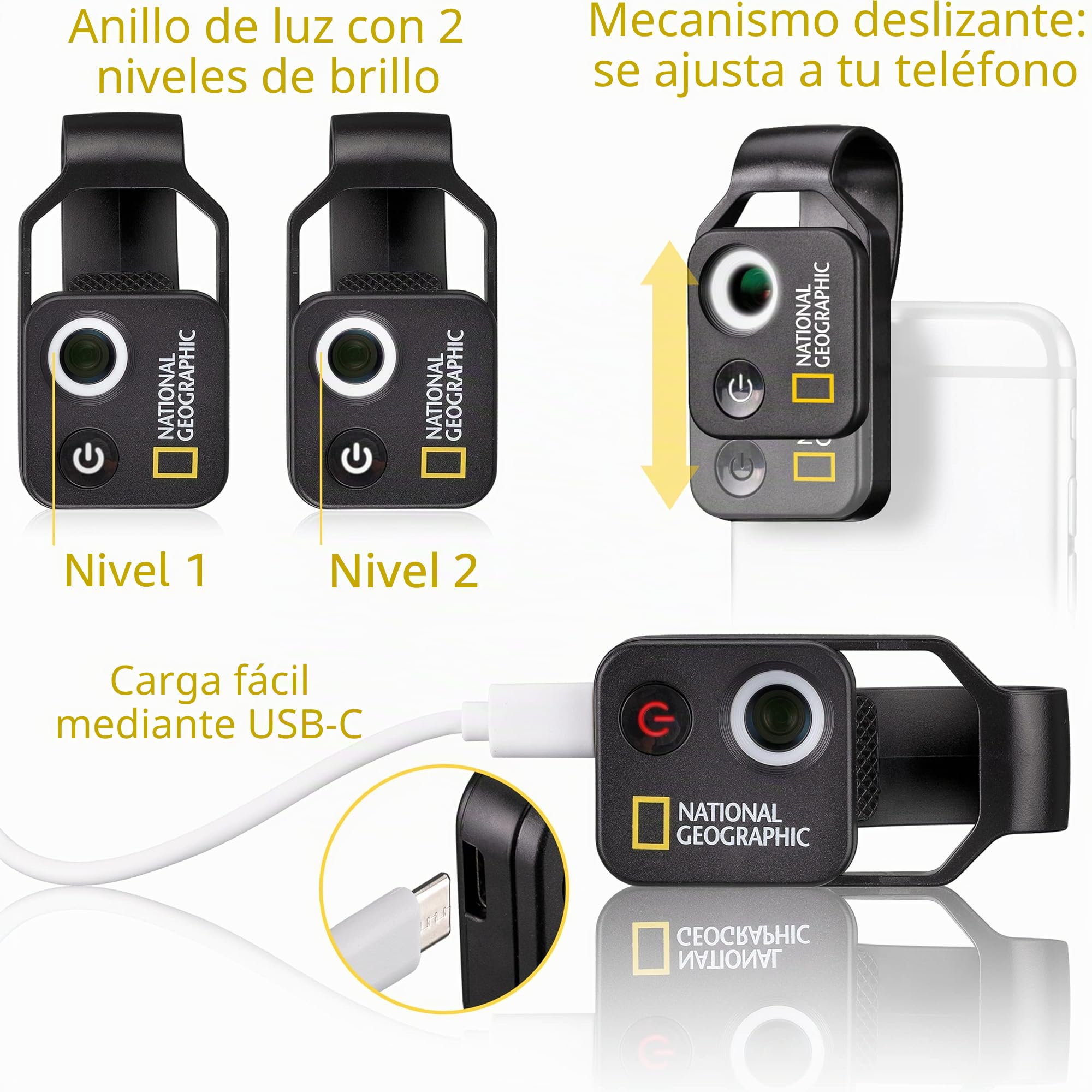 National Geographic Microscopio para teléfono móvil 200x con CPL, 2 Modos de Brillo y Clip Universal, Compatible con el 98% de los teléfonos móviles, sin aplicación Adicional, 9118500