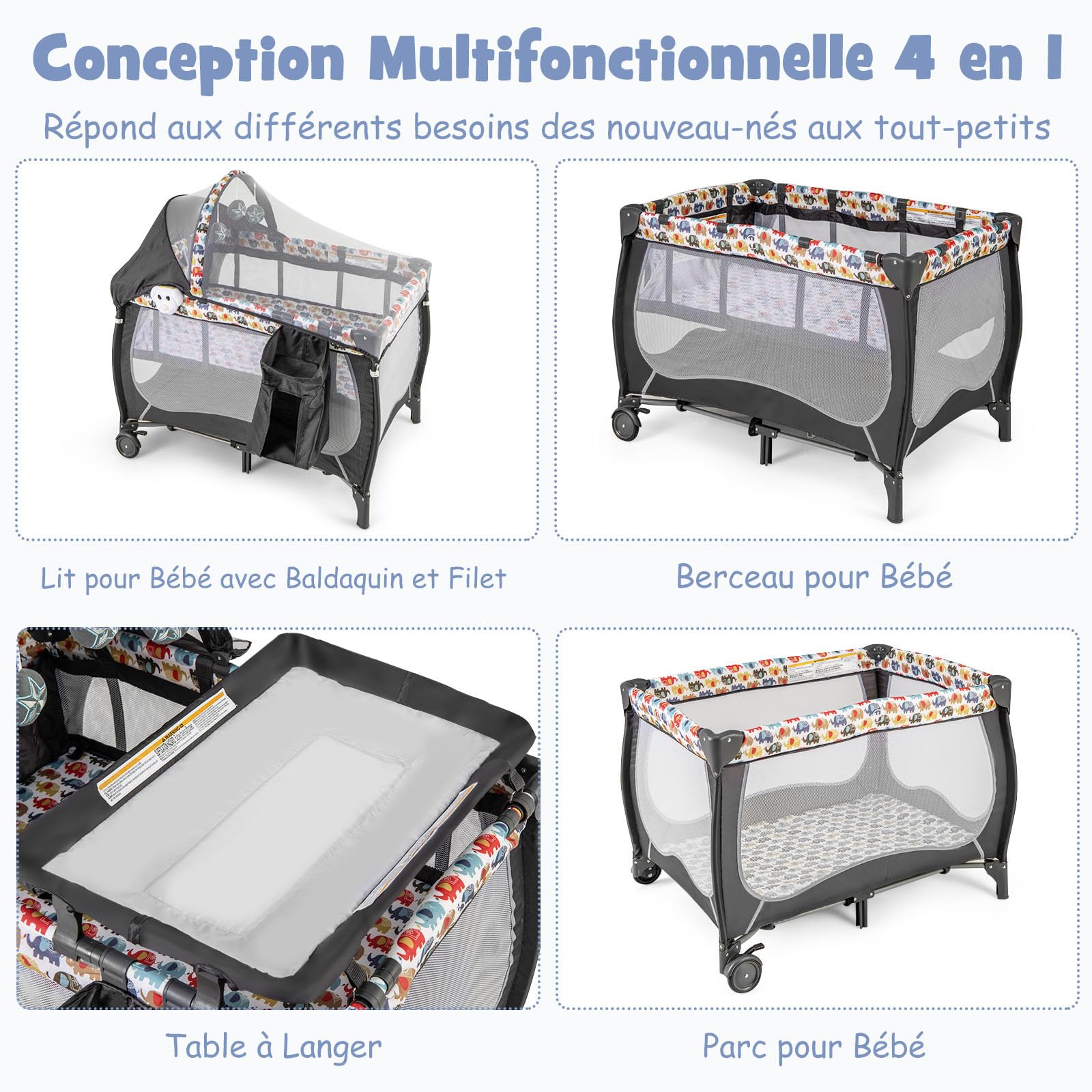 COSTWAY 5 en 1 Lit Parapluie Bébé avec Matelas & Moustiquaire, Lit Bébé Evolutif avec Table à Langer, 3 Jouets Mignons & Boîte à Musique, Sac de Transport, Charge 9kg pour 0-36 Mois