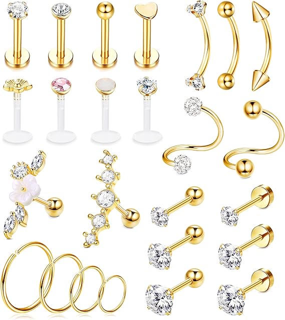 MILACOLATO 25Pcs Helix Cartlidge Earrings For Women 16G Stainless Steel CZ Ball Flat Back Tragus Earings Labret Studs Hoop Set Daith Conch Rook Lobe Lip Piercing Jewellery Silver Rose Gold