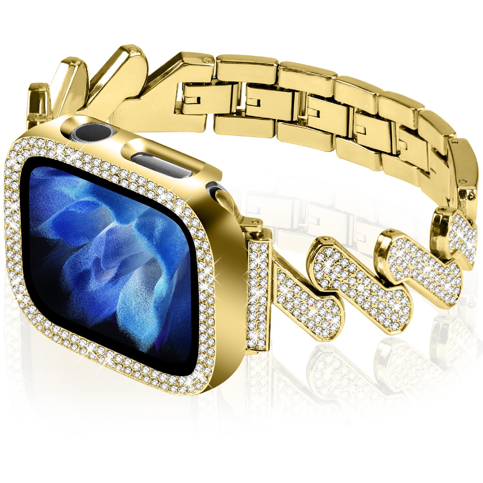 JOYOZY Bling Bands Compatible with Apple Watch Band 40mm, Women Girl Diamond Jewelry Metal Strap Bands with Crystal Tempered Glass Screen Protector Case for iWatch Series 6/5/4/SE(No Tool Needed)
