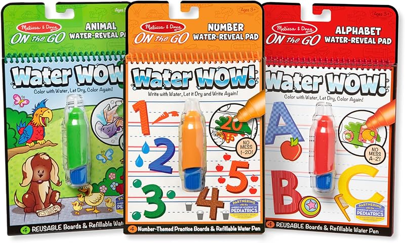 Melissa y Doug en movimiento Agua ¡Guau! Almohadillas de actividades reutilizables que revelan agua, paquete de 3, animales, alfabeto, números