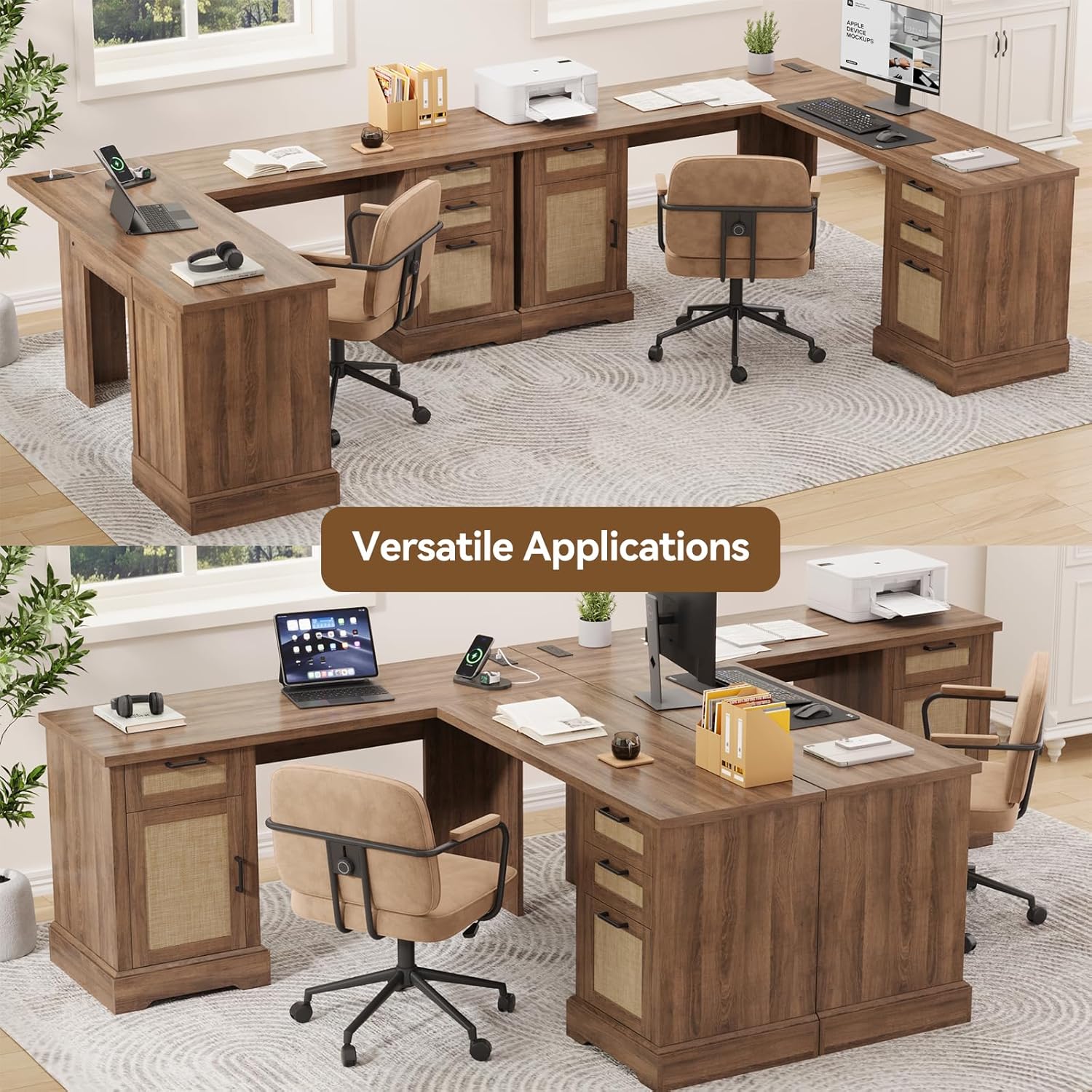 67" L Shaped Desk with 3 Storage Drawers, Farmhouse Corner Computer Desk with Power Outlets, Wood Home Office Desk with File Cabinet Storage, Large Desk for Home Office/Study, Walunt