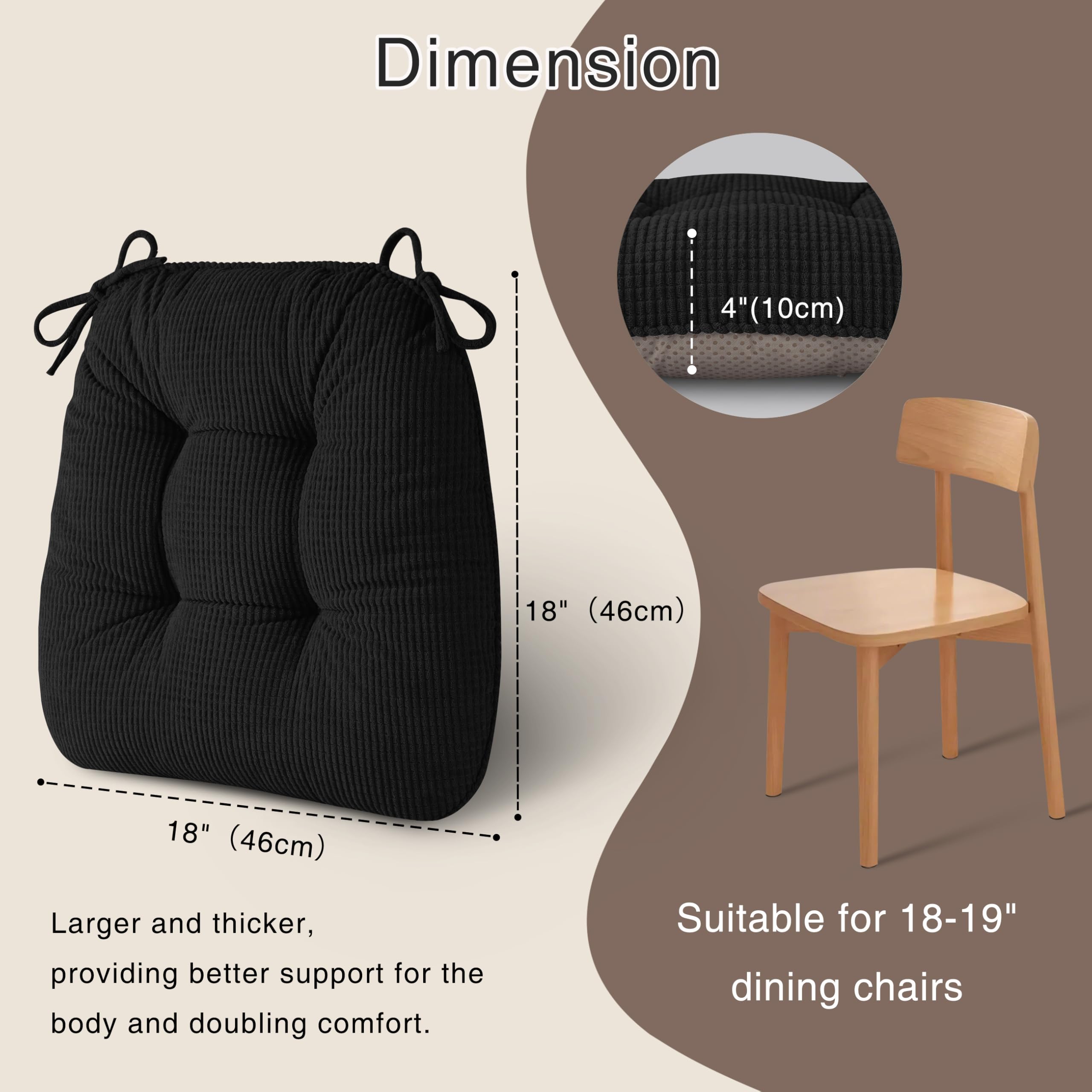 OVOV Chair Cushions for Dining Chairs Set of 1 Non-Slip Kitchen Seat Cushions 18" x 18" x 4" / 46cm x 46cm x 10cm Indoor Seat Pads with Ties Black - Image 2