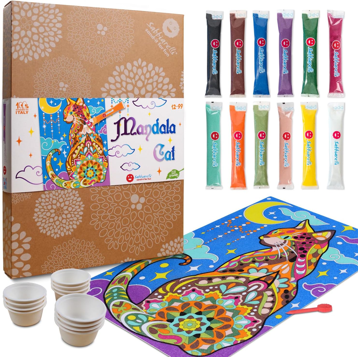 Sabbiarelli – Maxi Set Mandala Kot 12-99 | Zestaw Sand Art | Zawiera 1 plakat samoprzylepny, kolorowy piasek i akcesoria | 100% Made in Italy | hobby kreatywne | młodzież i dorośli