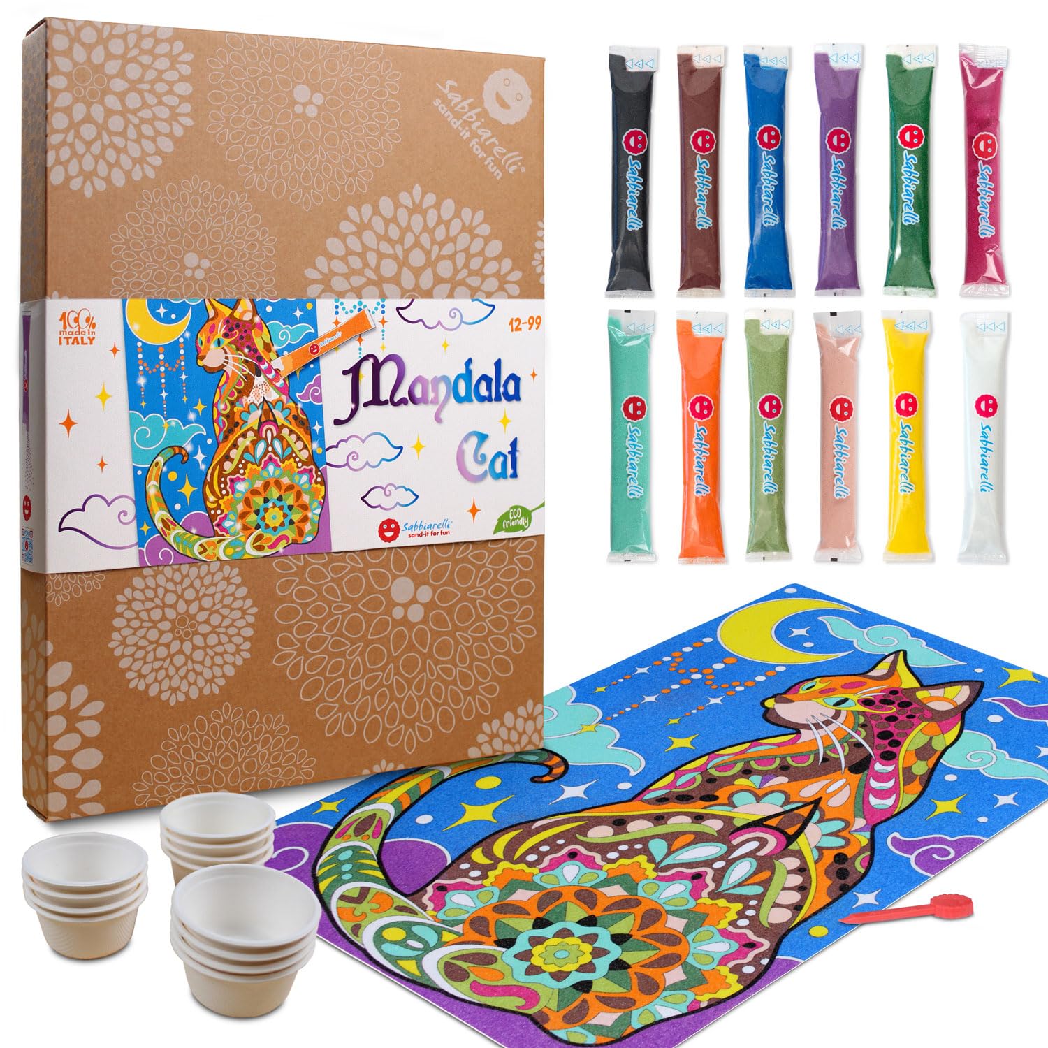 Sabbiarelli Sand-it For Fun – Maxi Set Mandala Chat 12-99 | Kit de Sand Art 100% Made in Italy avec Sable Coloré, 1 Poster Adhésif et Accessoires | Hobby Créatif Relaxant