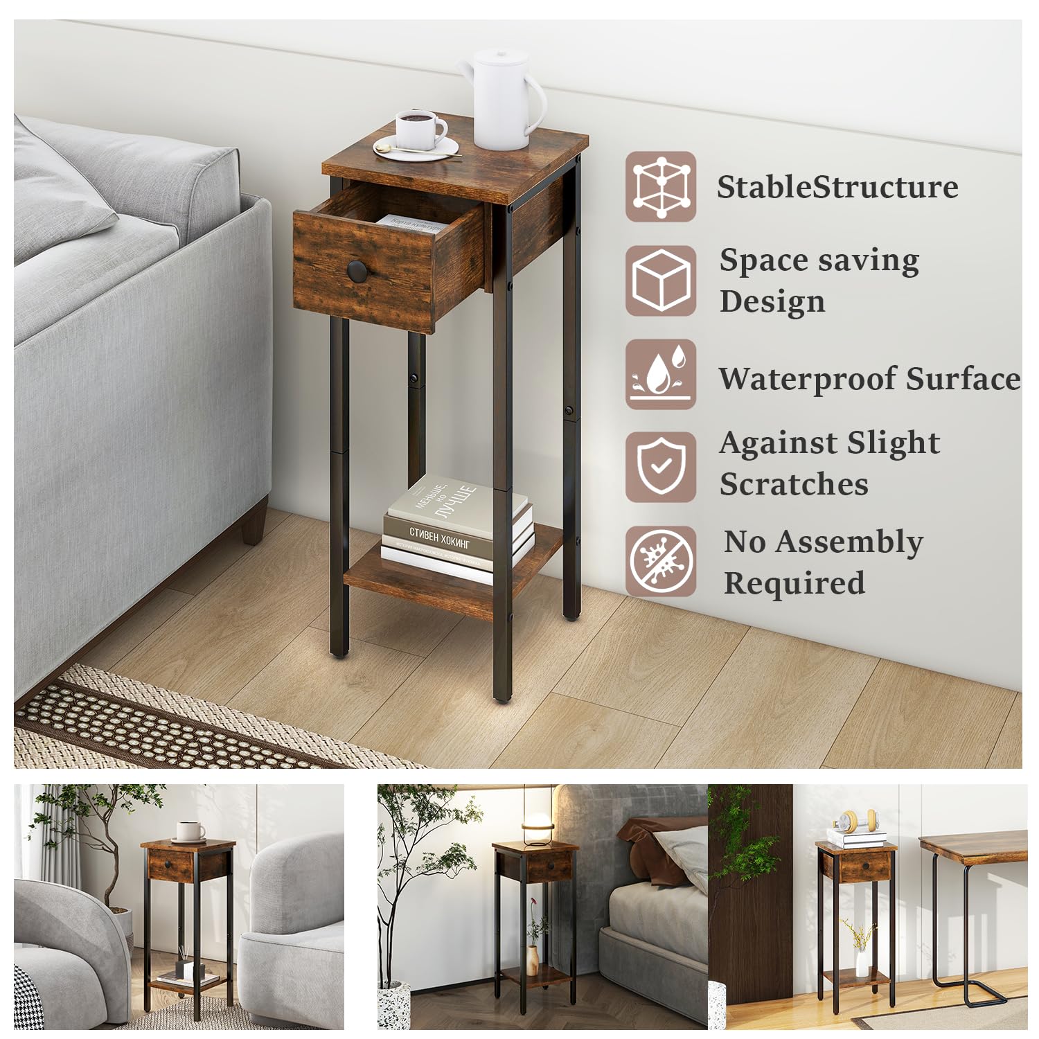 IBUYKE Lot de 2 Tables de Chevet Étroite,Pieds en Métal,Marron TMJ417H-2