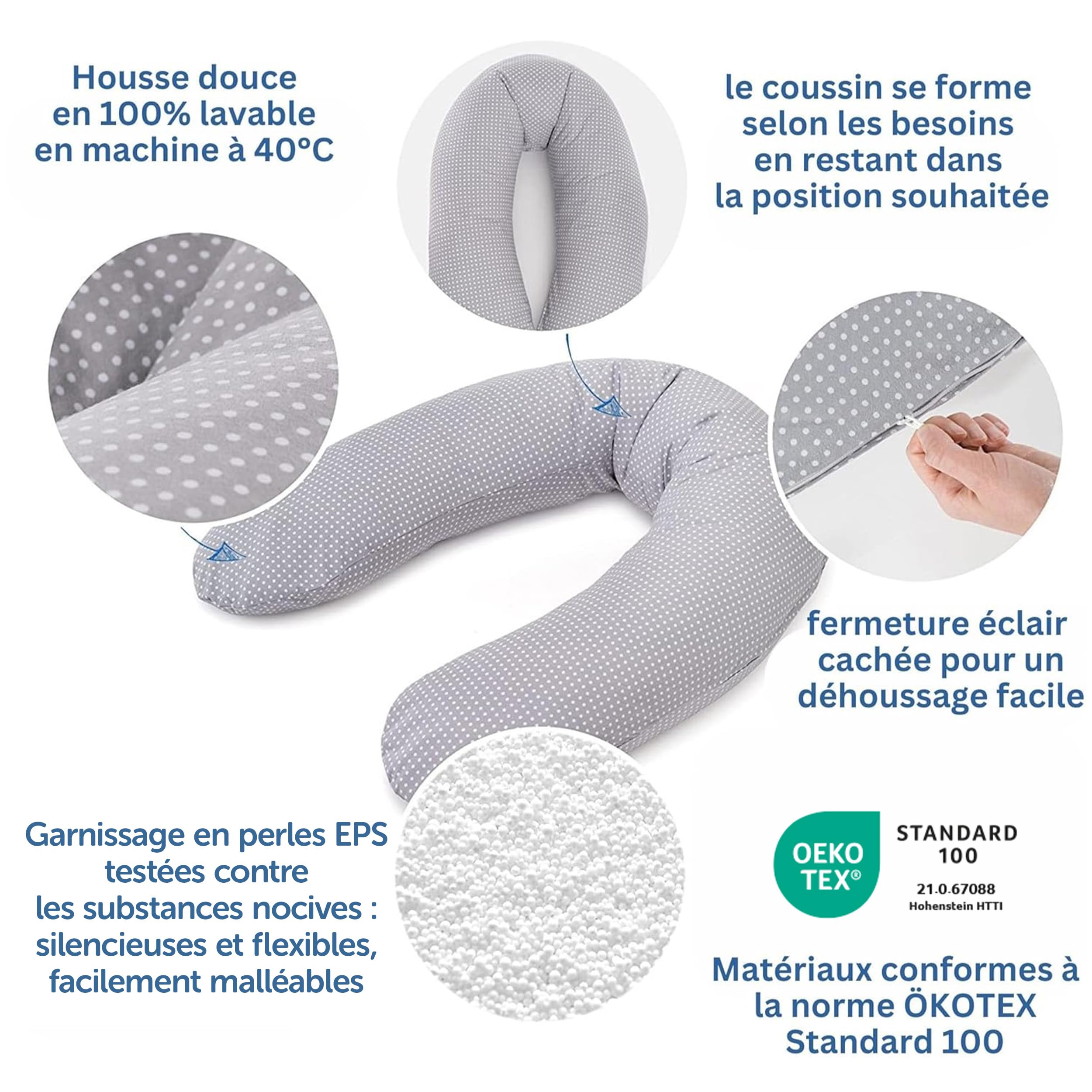 Theraline Coussin Allaitement Dodo Pillow Premium, 180 cm, Housse en 100% Coton, Fines Billes Silencieuses, Déhoussable, Pois Gris