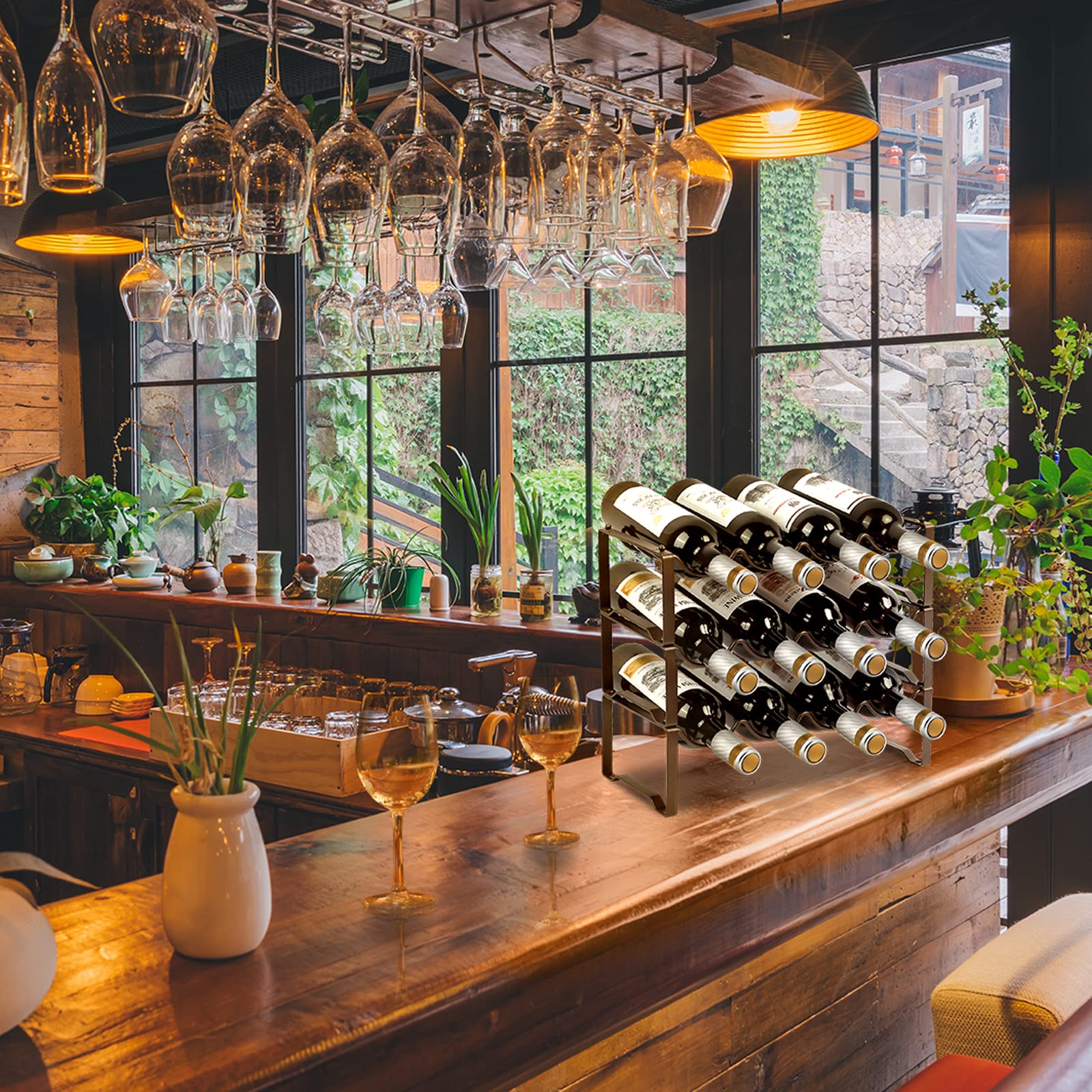 Botellero de metal apilable para 12 botellas, para sótano, bar y espacio de almacenamiento, botellas estables modulares ampliables y almacenamiento de vino (3 niveles)