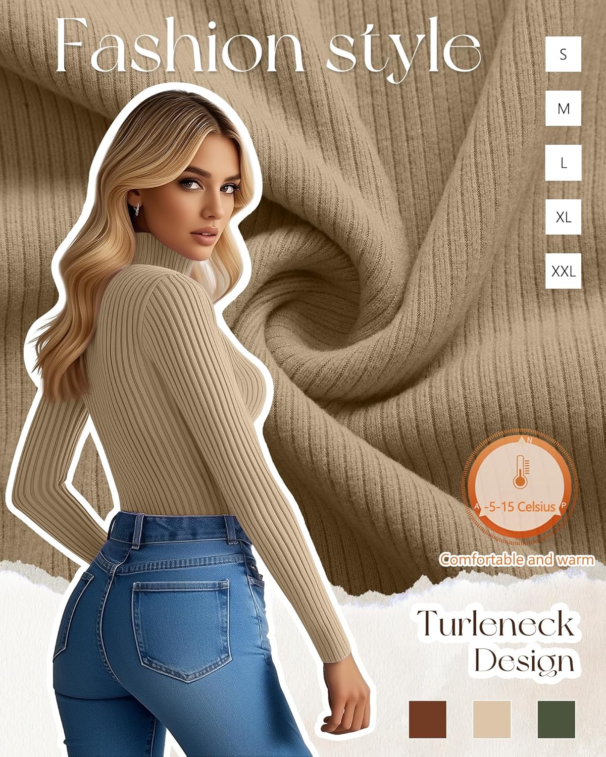 Ficerd 3 Pack Women's Ribbed Thermal Turtleneck Tops Long Sleeve Stretch Shirts Knitted Fitted Lightweight Base Layer - Image 3