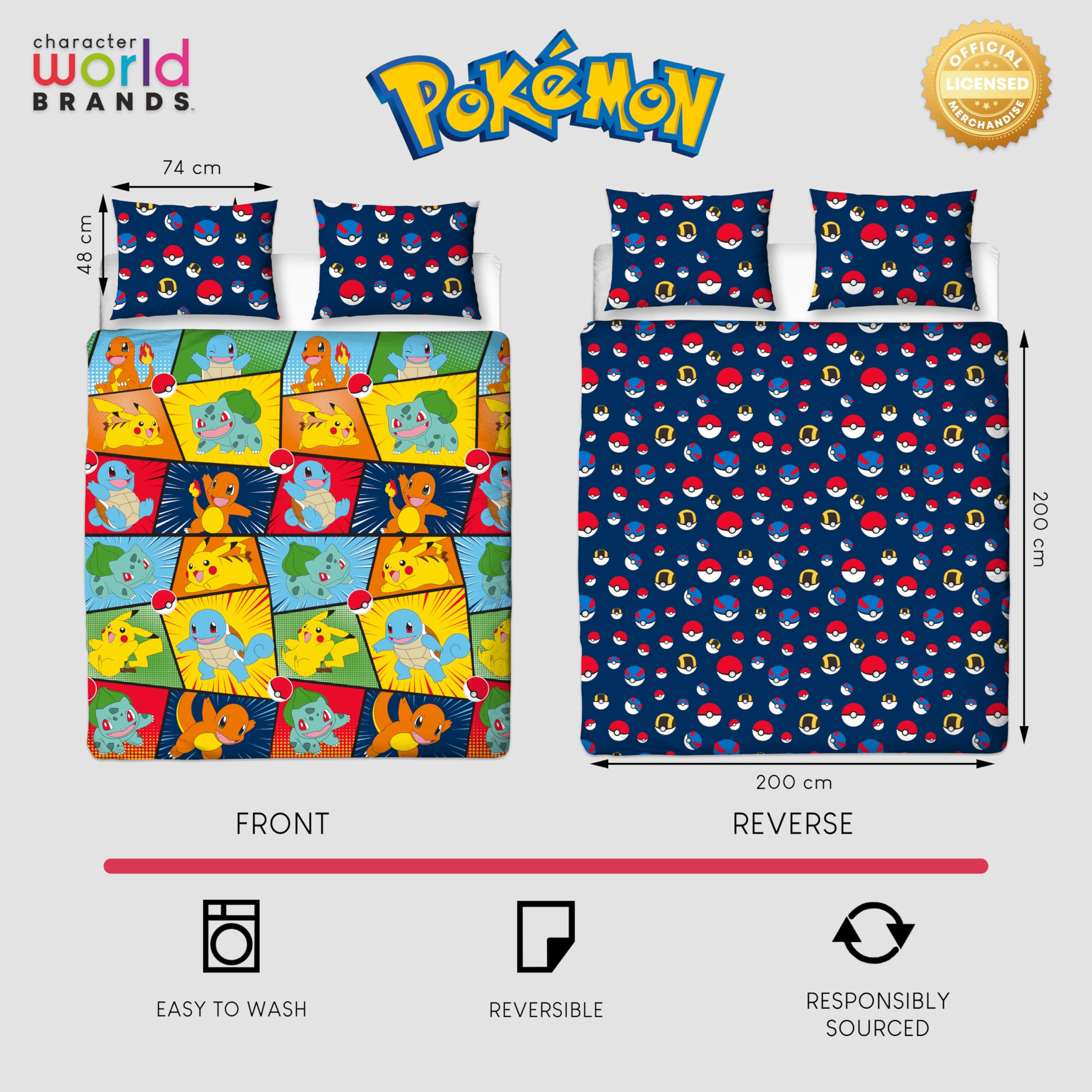 Set copripiumino singolo per bambini, con licenza ufficiale, motivo Pikachu, Bulbasaur, Charmander, Squirtle, reversibile, 2 lati, con federa coordinata, set per letto singolo per bambini
