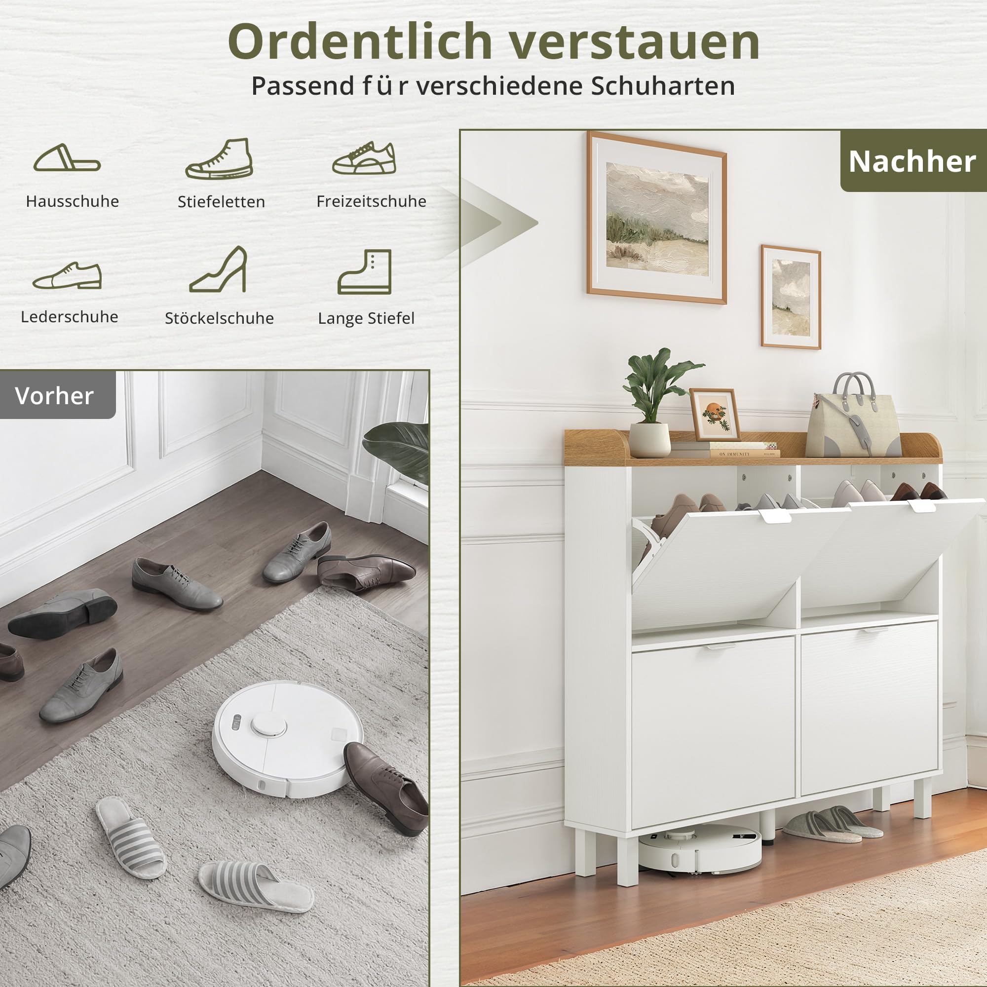 LUE BONA Schuhschrank schmal, Schuhschrank mit 4 Flip-Klappen, Schuhkipper mit Holzfüßen, Schuhregal Geschlossen Shoe Cabinet für Flur, Eingang, Diele, Garderobe, 100x91.5x19cm, Weiß