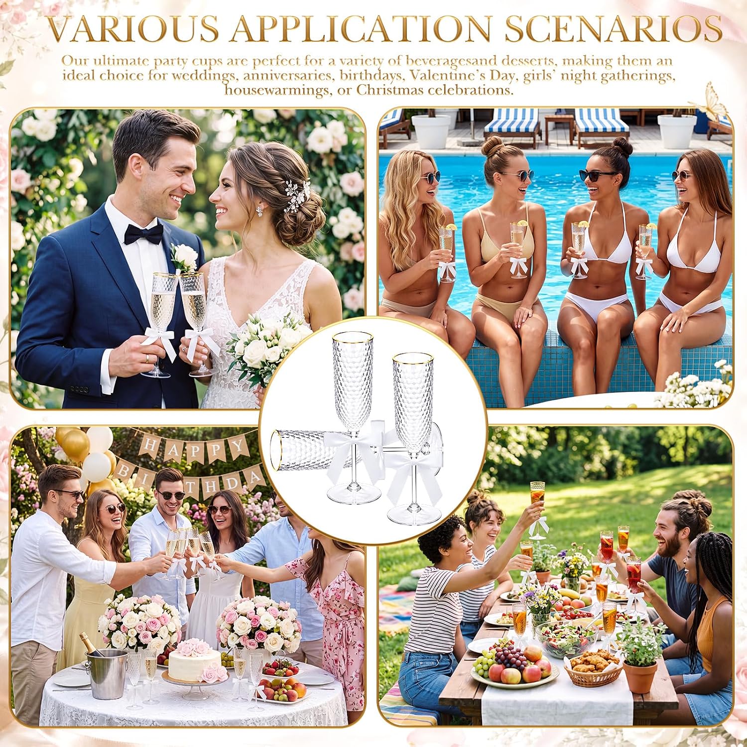 24 Sets 5.5oz Plastic Champagne Flutes with Bow Gold Rim Transparent Detachable Espresso Mimosa Disposable Champagne Glasses Drinking Cups Stemmed Reusable Wine Toasting Glasses for Wedding