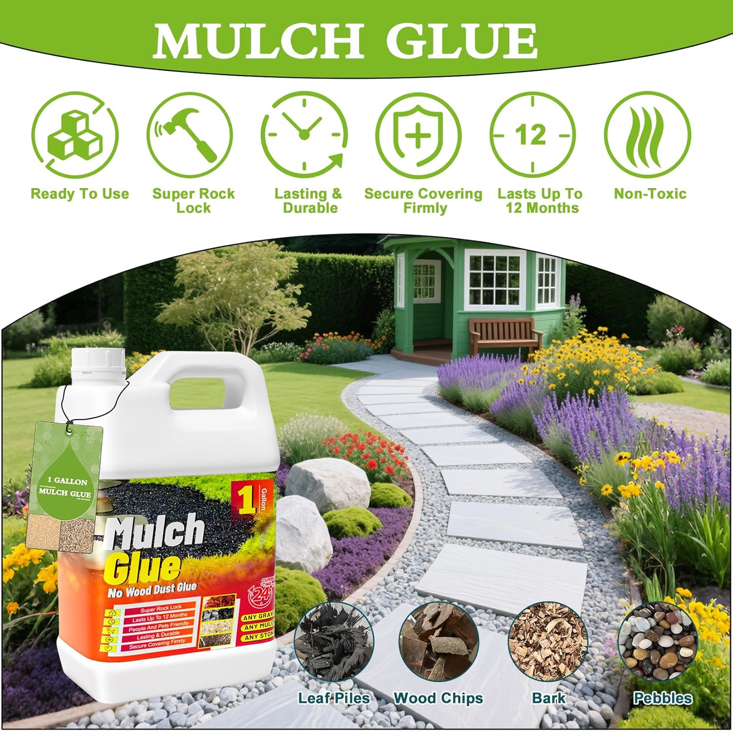 Mulch Glue for Landscaping - 1 Gallon (128 oz) Strong Adhesion Fast Drying Rock Glue, Non-Toxic Weather-Resistant Gravel Binder for Walkways, Gardens, Pea Gravel, Stones, Rubber, Leaf Piles