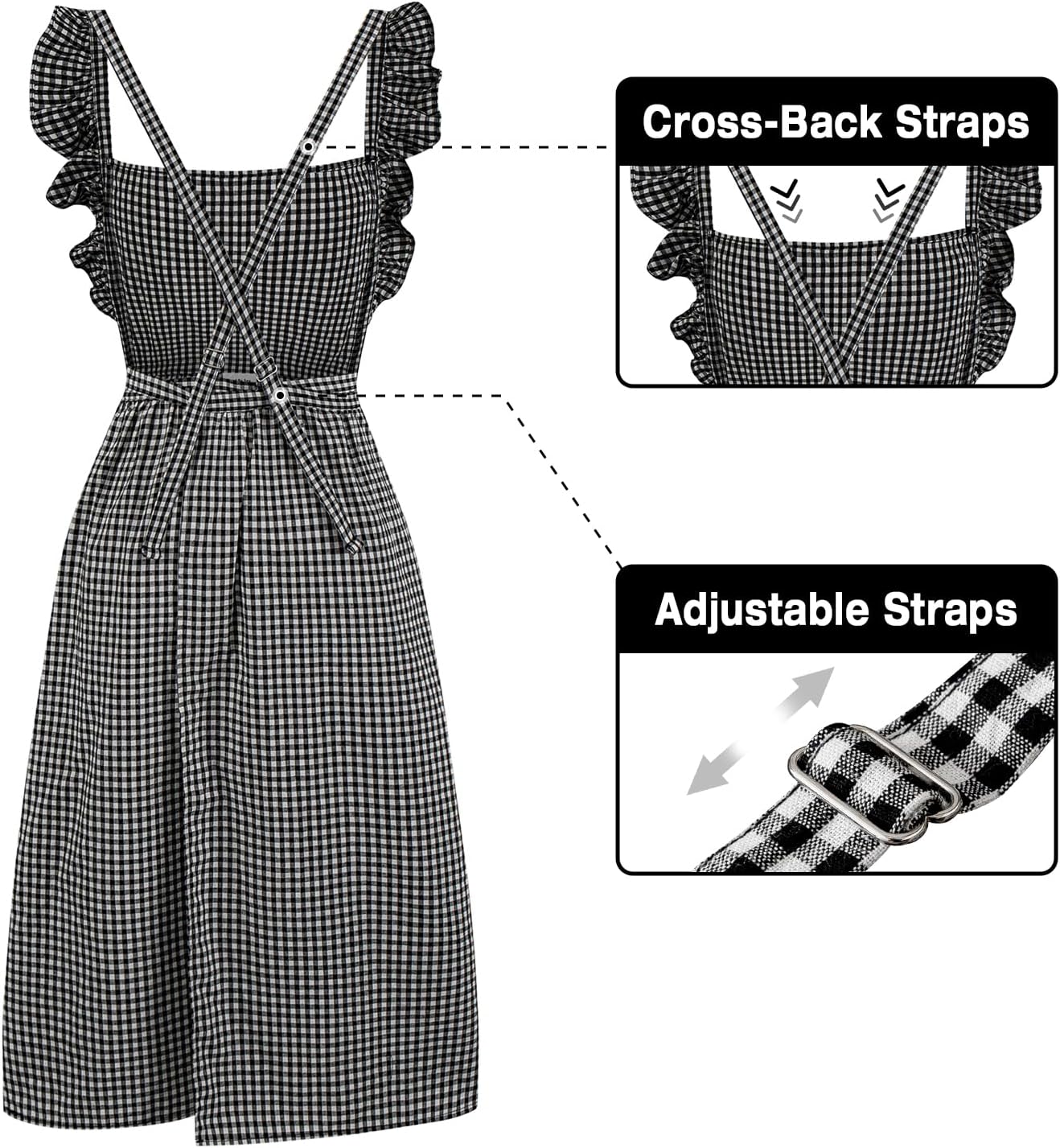 Vintage Gingham Apron for Women, Ruffle Straps, 2 Pockets, Soft Cotton, Apron Dress Style for Cooking & Baking - Image 2