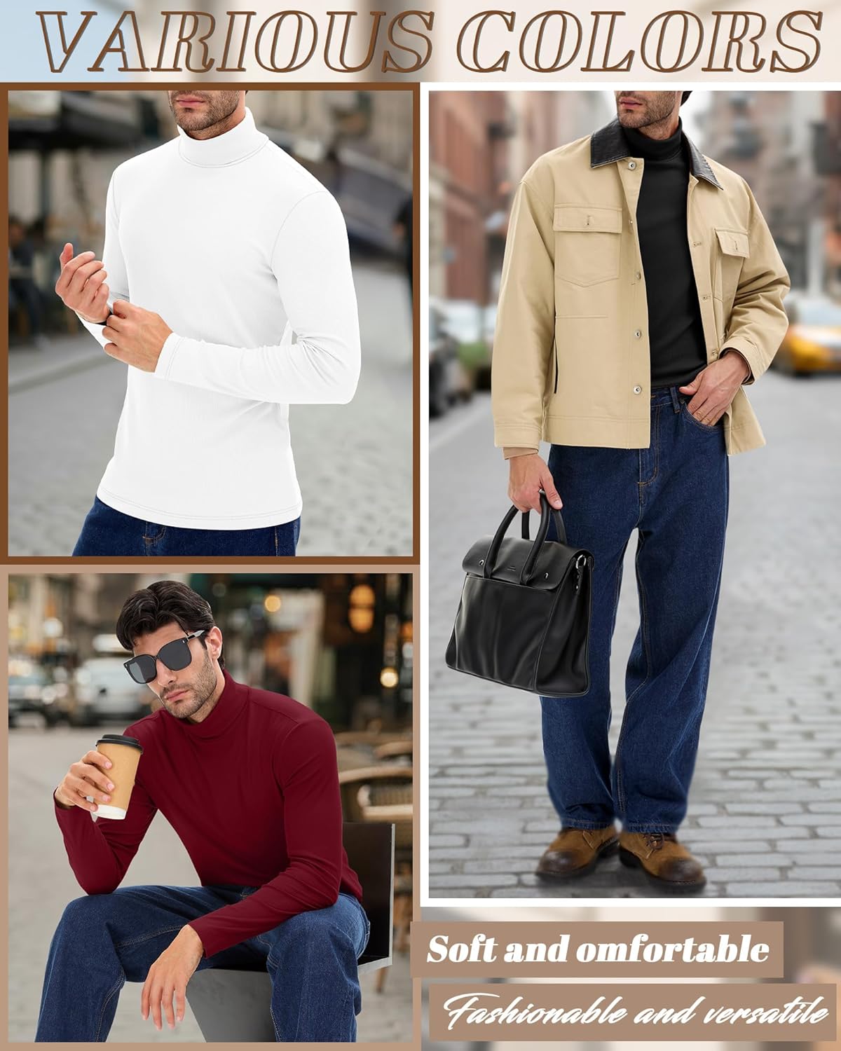 4 Pack Men's Ribbed Turtleneck Shirts, Cotton Long Sleeve Slim Fit Mock Neck Tops Lightweight Pullover Sweaters(Wine Red, Navy, Black, White,X-Large) - Image 5