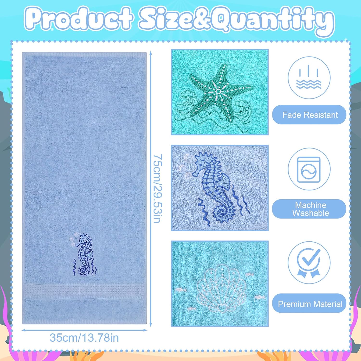 3 Pack Embroidered Coastal Hand Towels, Lightweight Cotton Towels | Bathroom Towels with Starfish Seahorse Shell, Coastal Beach Ocean Decor for Guest Bath