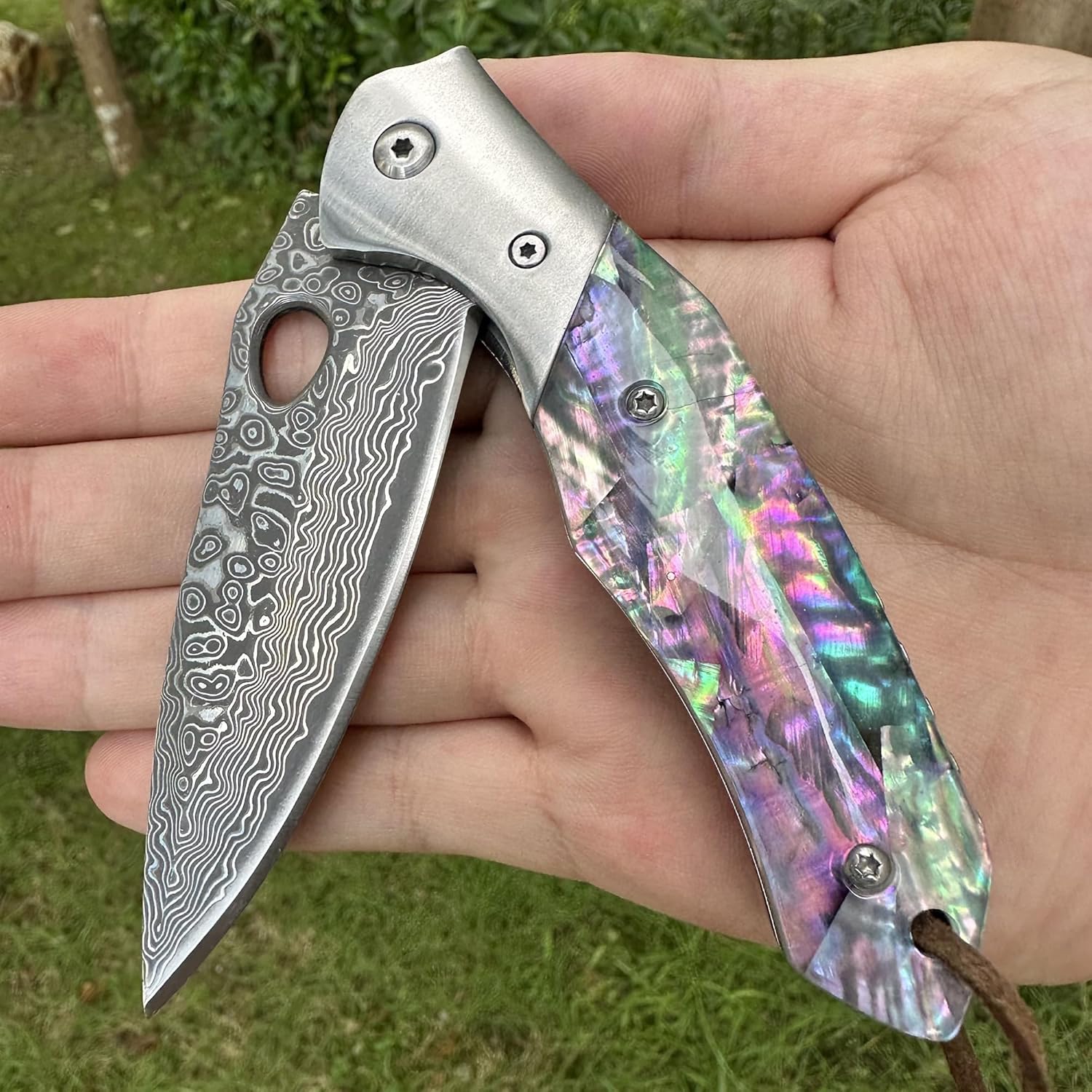 Damascus VG10 Steel Folding Pocket Knife, 3.15" Blade Abalone Handle EDC Knife with Mechanical Lock Pocket Clip for Men Women Camping Survival Hiking