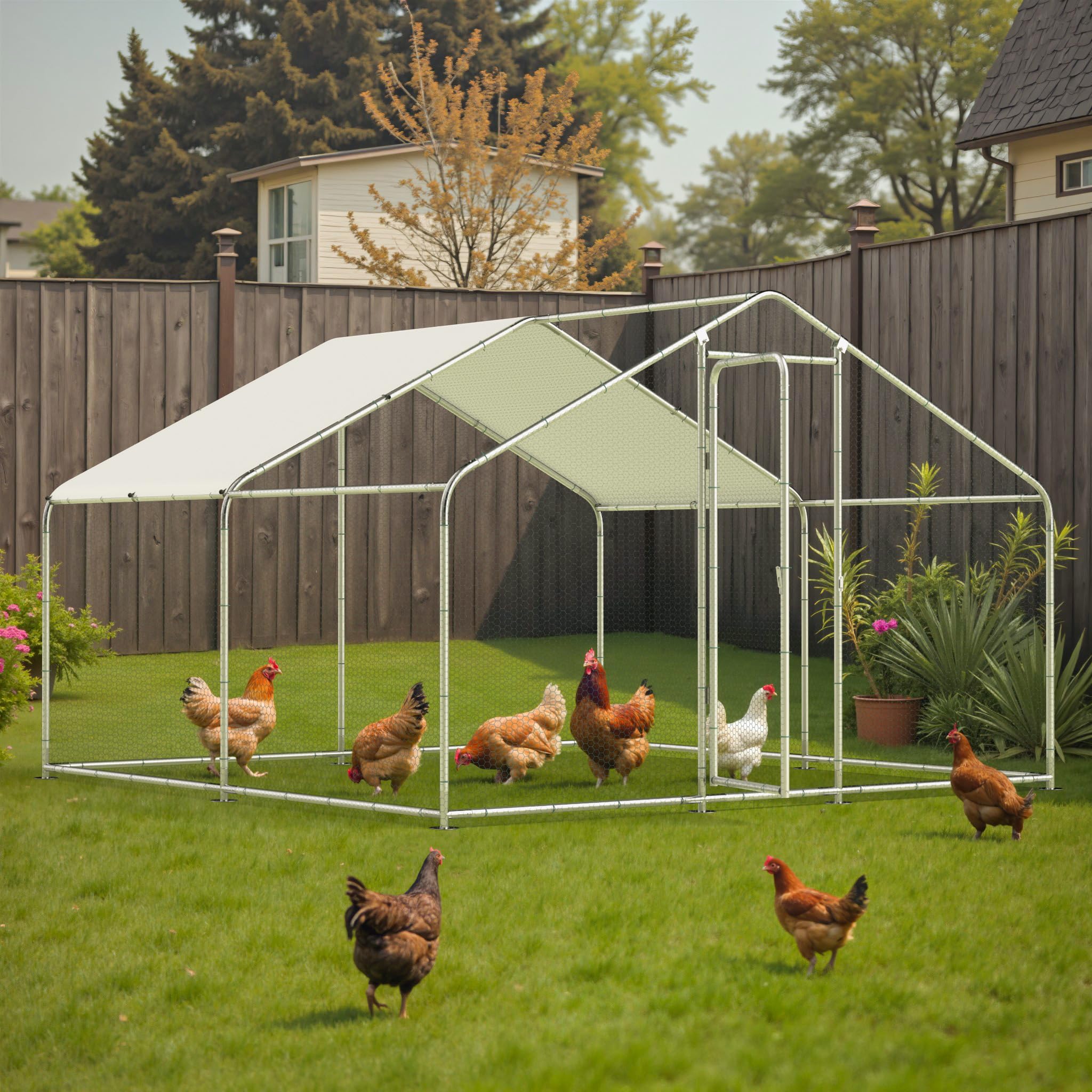 Grand poulailler en métal, 3 x 3 x 2 m, cage à volaille avec porte verrouillable, poulailler avec housse imperméable et anti-UV pour extérieur