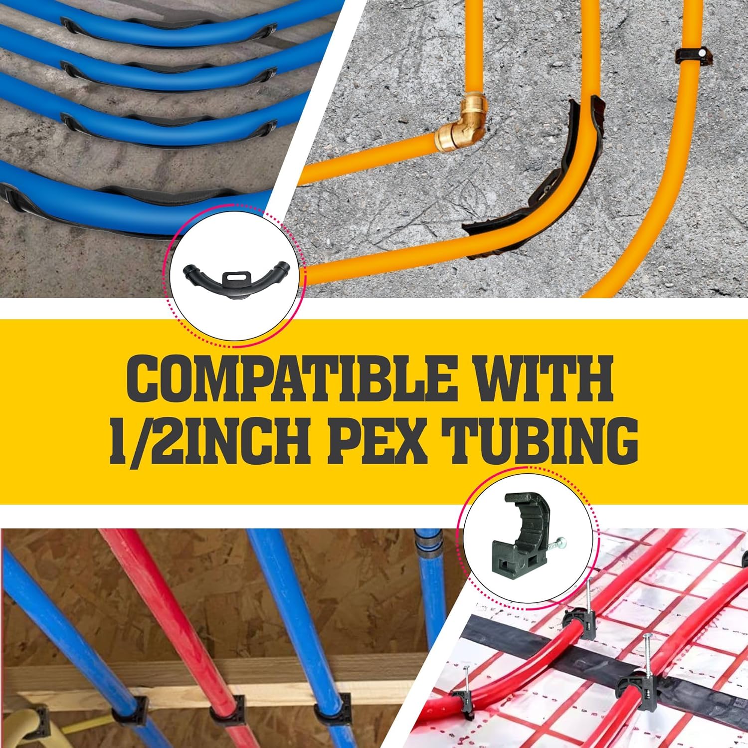 10 Pcs 3/8" - 1/2" Pex 90 Degree Elbow Plastic Tubing Bend Support With 20Pcs Half Clamp Fixture J-Hook,Elbow 90 Degree Pipe Fitting Kit Black,For 1/2 Inch Pex Tubing/Pipe Support