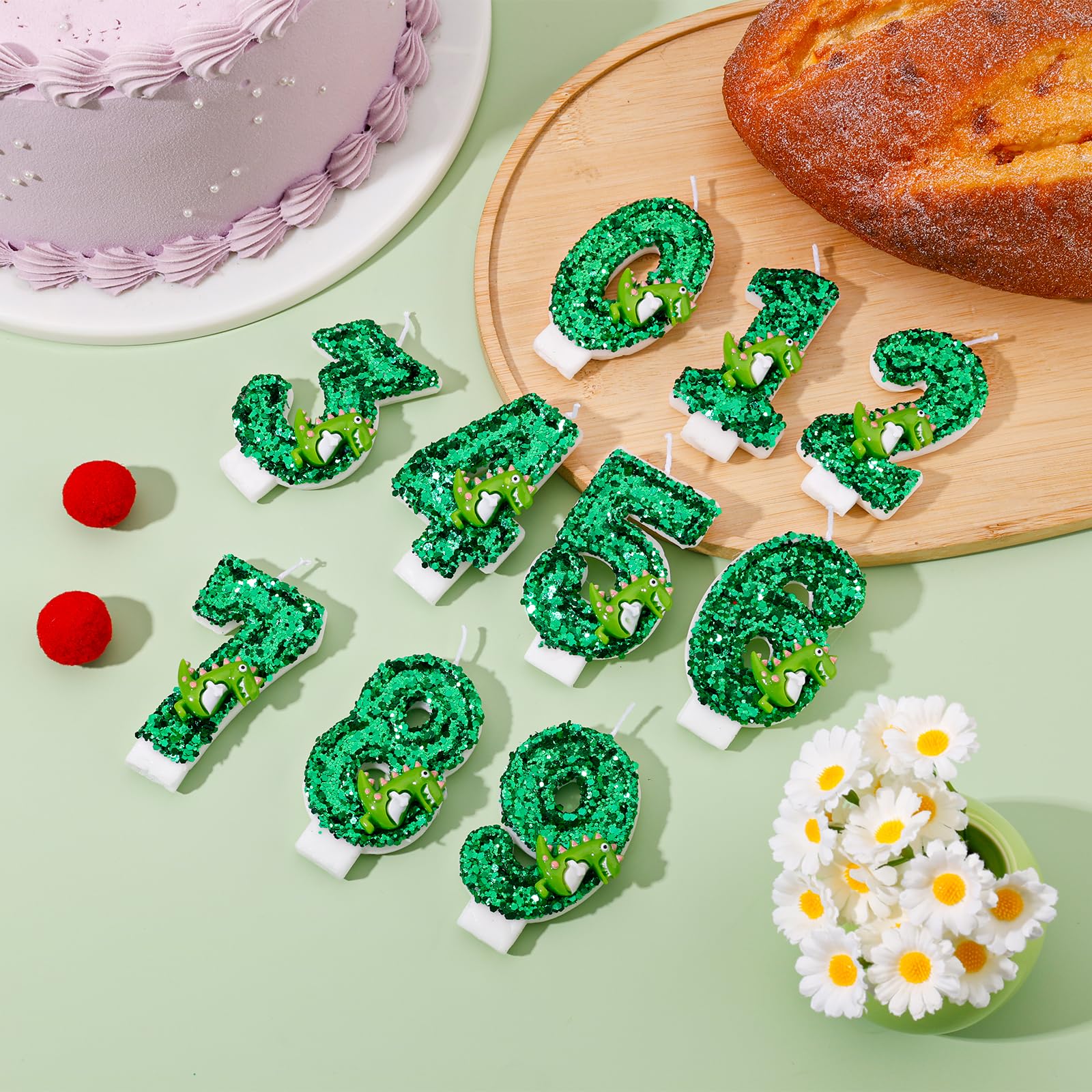 Dinosaurier Geburtstagskerze Mit Grünen Pailletten – 3D-Dino, Paraffin, Inkl. Basis & Stab, Für Kuchen & Cupcakes