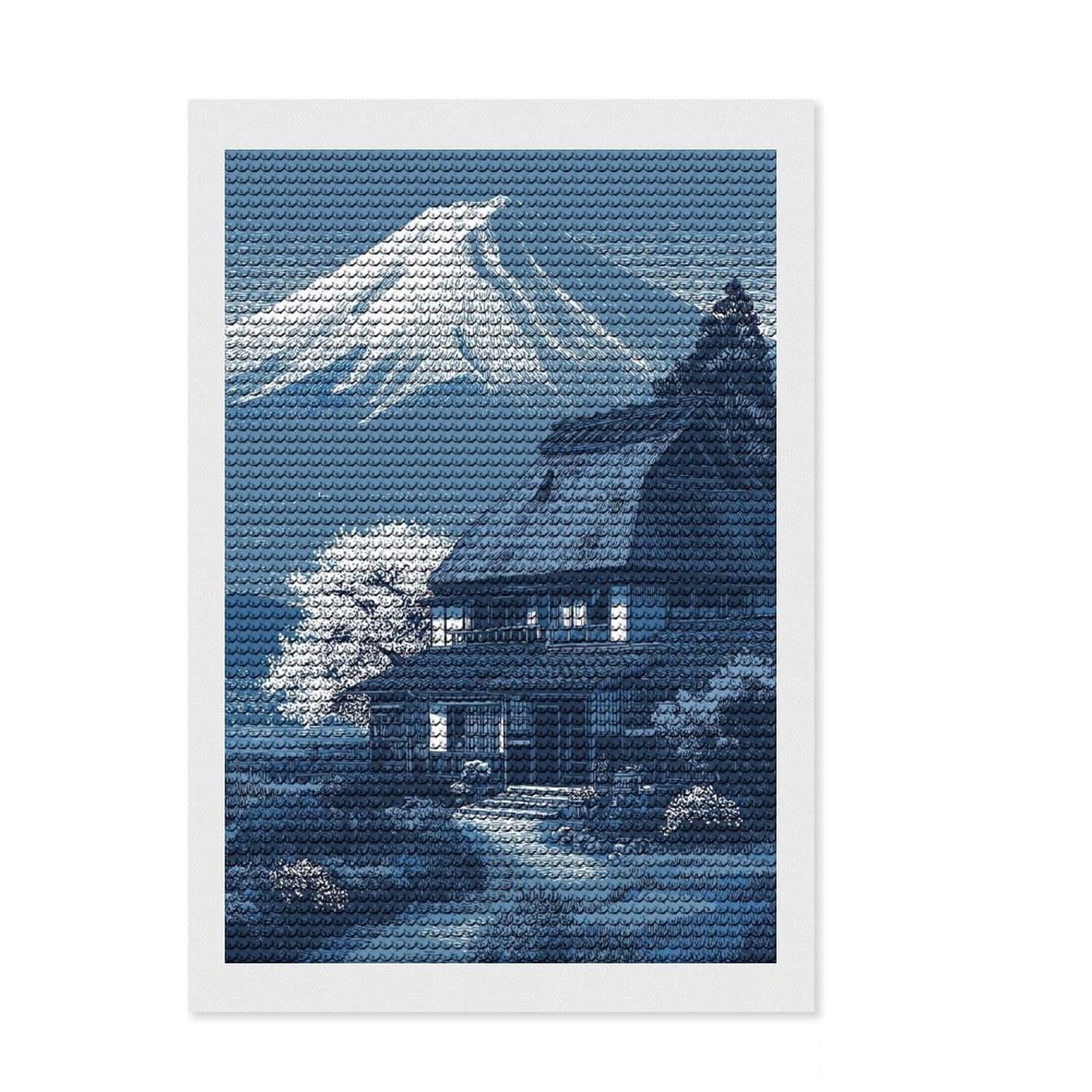 Junmoney Japanese House with Mount Fuji Full Drill Diamond Painting Kit 8"x12", Neat Printed Canvas, Sparkling Round Gems, Easy Handmade Project