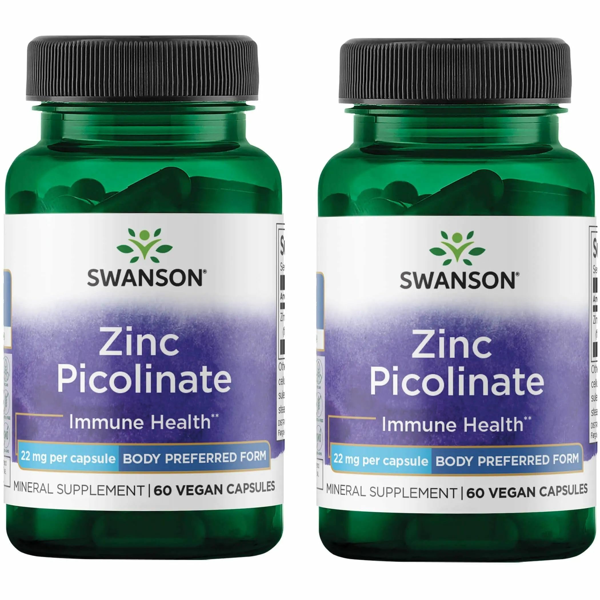 Swanson Zinc Picolinate Chelated Mineral, 22 mg, 60 Vegan Capsules, 2 Pack 60 Count (Pack of 2)
