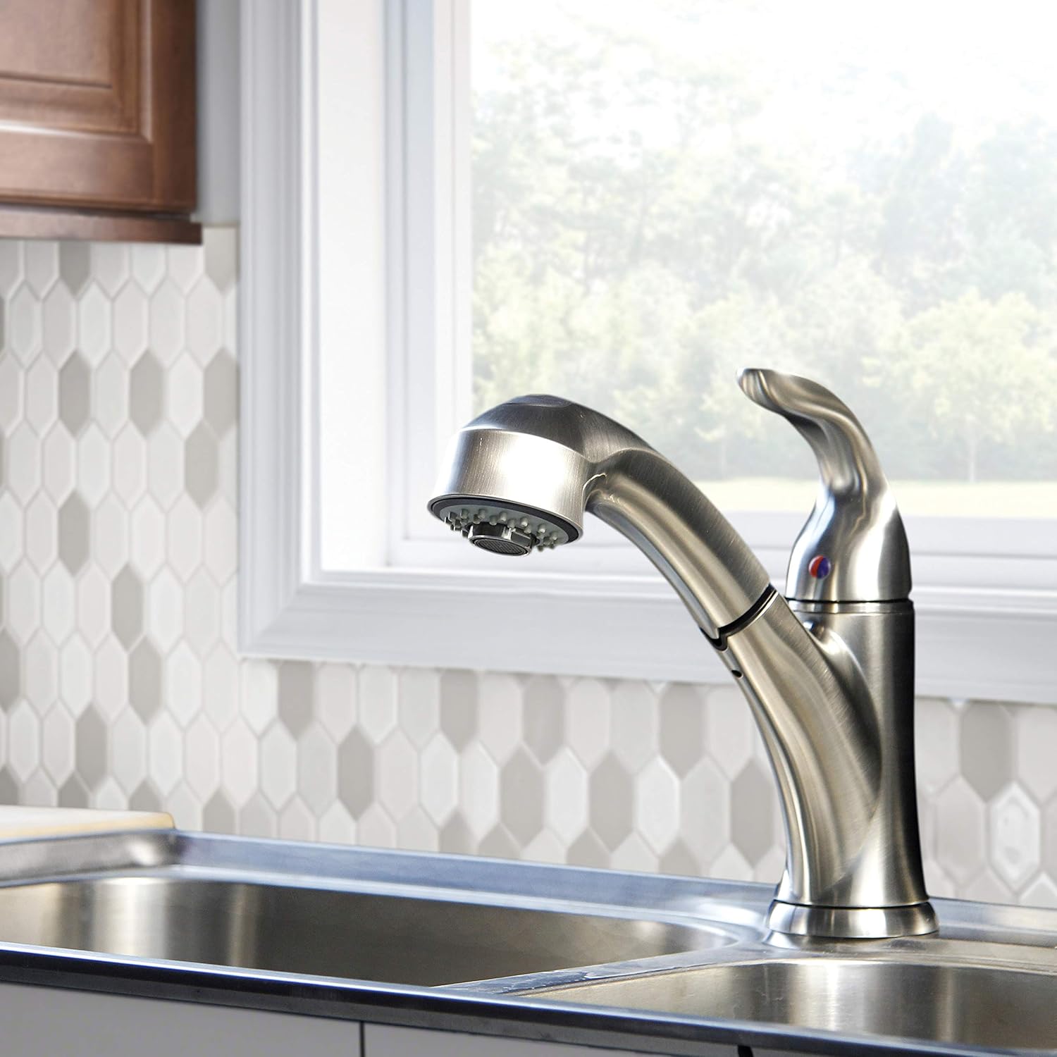 Best Cyber Deals 🔥 Aquenture PF6006-BN 8 Single Handle Pull Out Kitchen Faucet with Easy Install QuickNut Peridot, Brushed Nickel