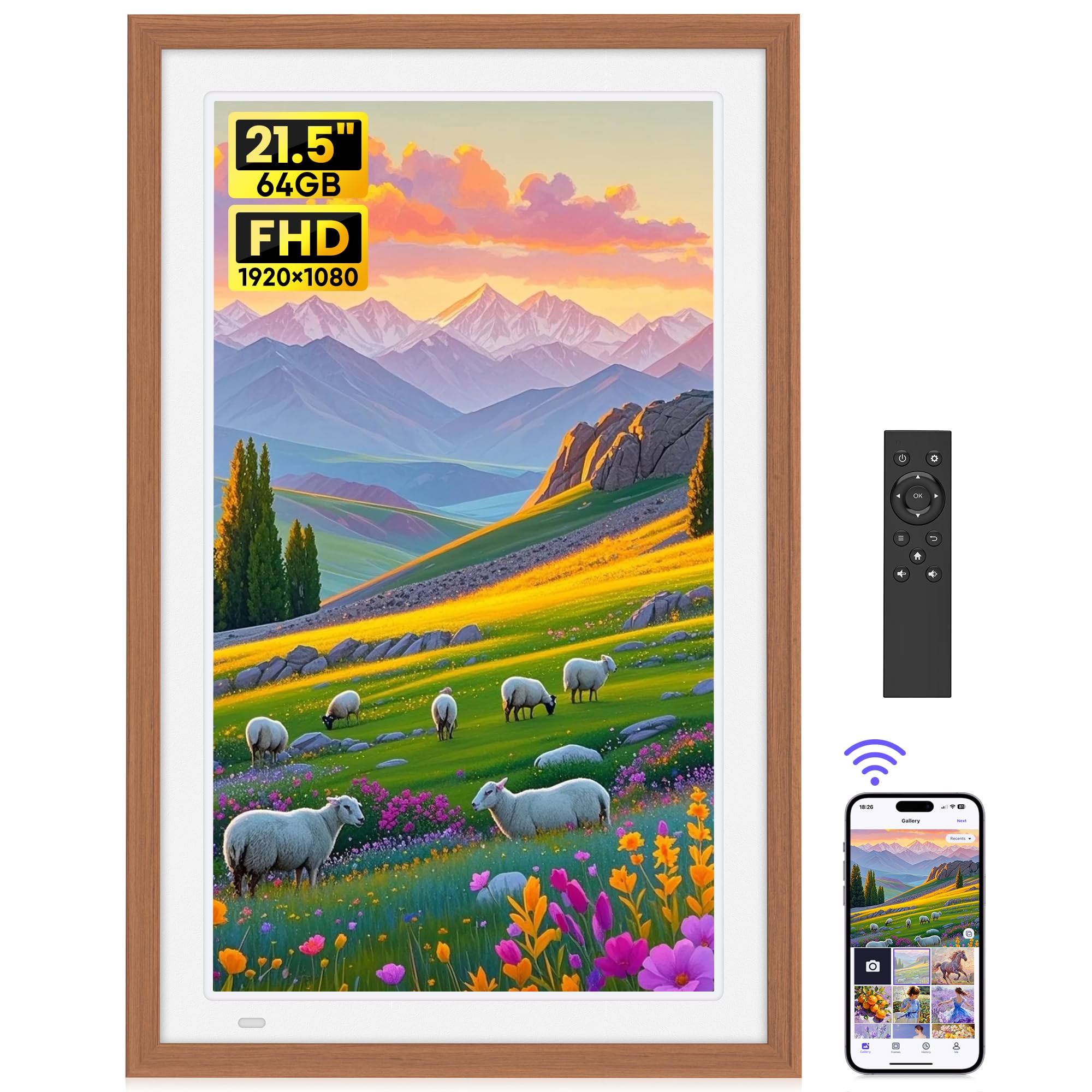 64GB 21,5 Zoll Digitaler Bilderrahmen mit Fernbedienung - FHD 1920 * 1080P IPS Digitale Bilderrahmen Auto Rotation Elektronischer Fotorahmen, Teilen Sie Fotos/Videos Sofort