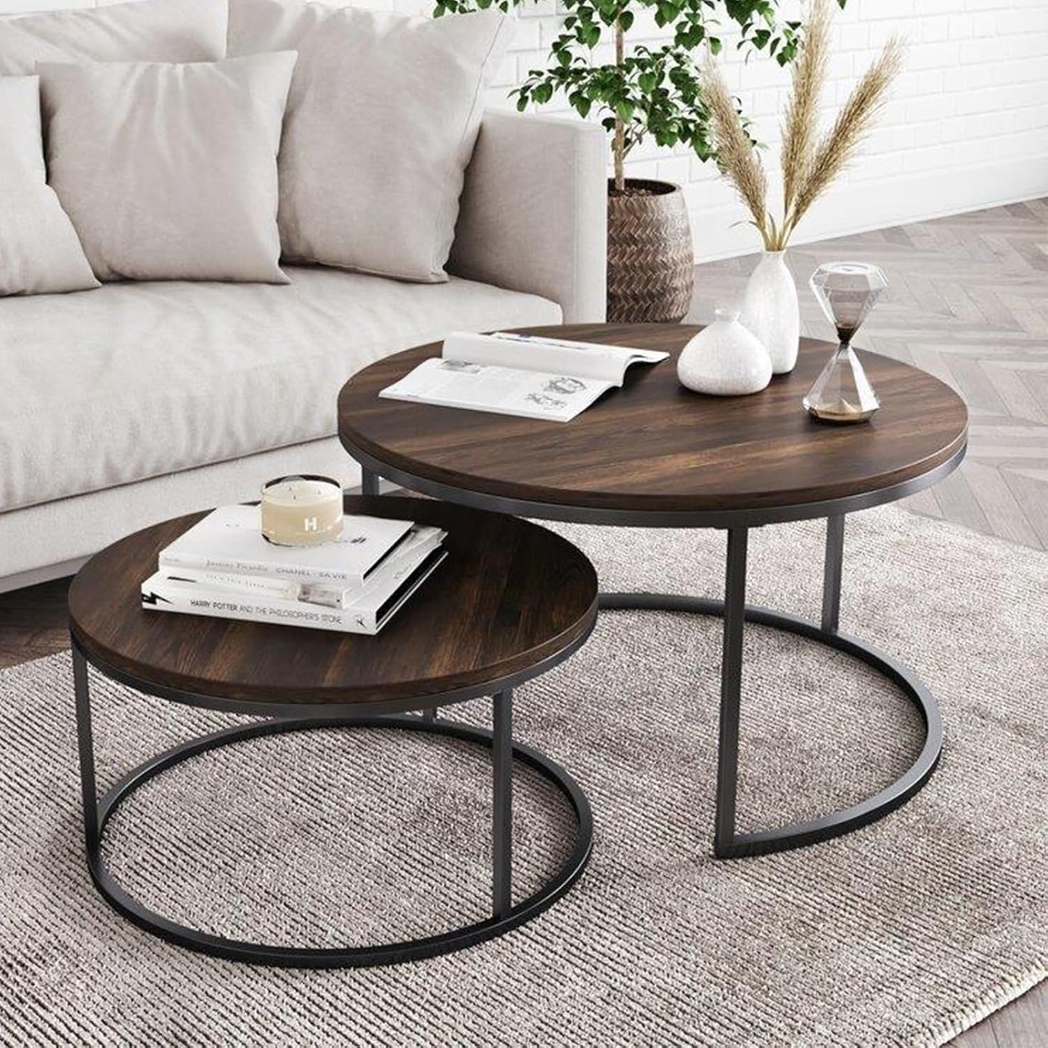 Nesting Tables Removable Set of 2 End Table, Round Coffee Tables with Gold Metal Frame Legs and Marble White Top for Living Room, Bedroom, Office, Balcony, Apartment (Brown)