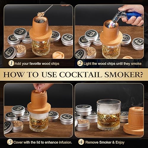 Miniatura 8 de Kit de ahumador de whisky con antorcha, kit de ahumador de cóctel antiguo con chips de madera de 6 sabores, juego de humo de bebida de bourbon con 2
